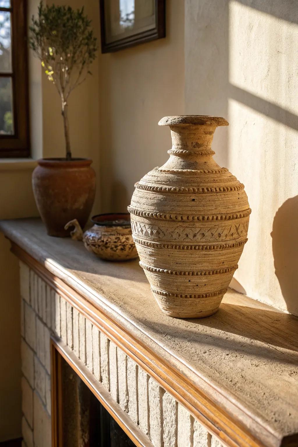 A dirt pot with layered surfaces making profundity and visual interest.