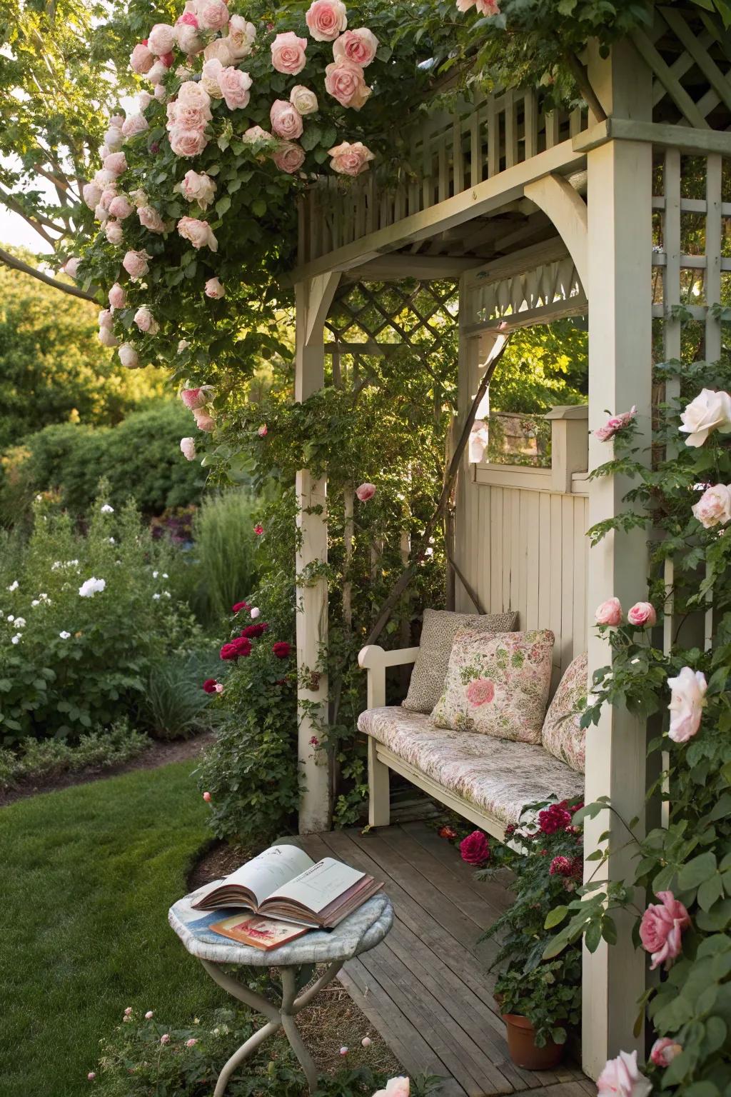 Discover tranquility in a rose-clad garden retreat.