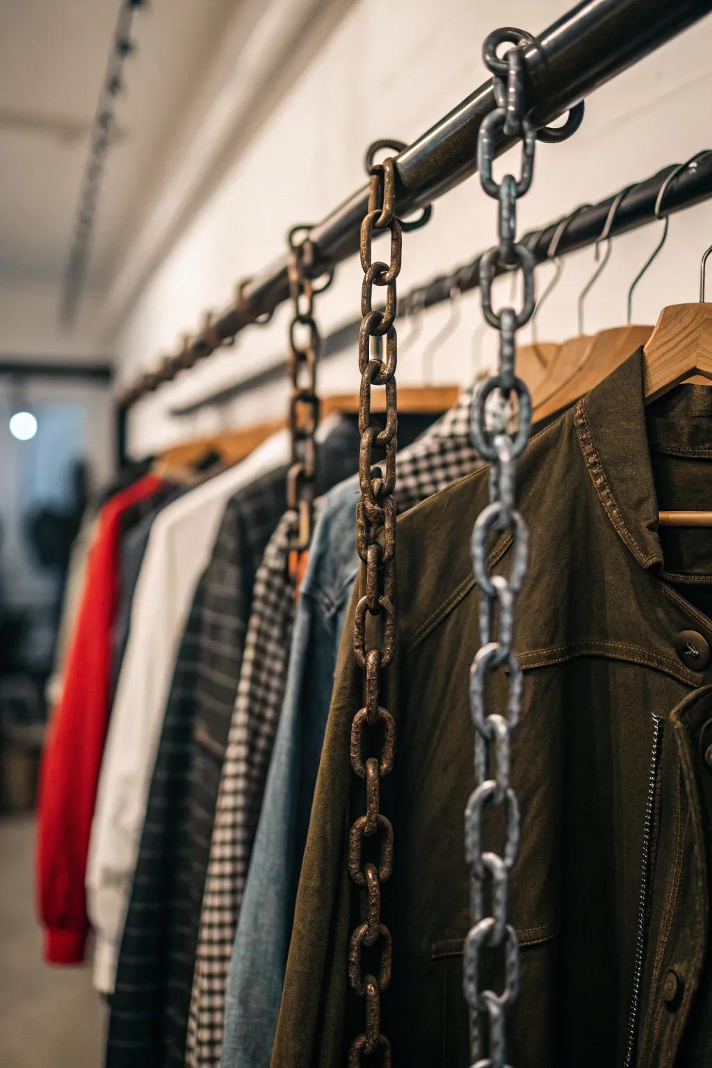 Chains provide adjustable height options for shared closet spaces.