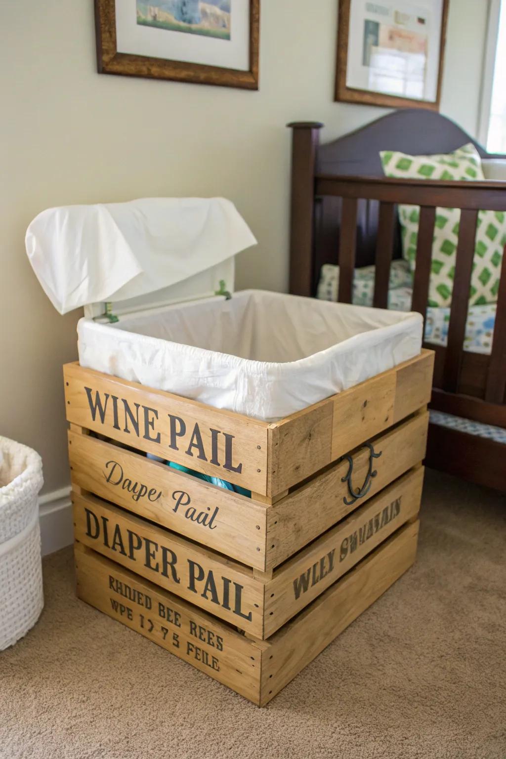 A reused wine crate offers country charm and usefulness as a unique diaper bin.