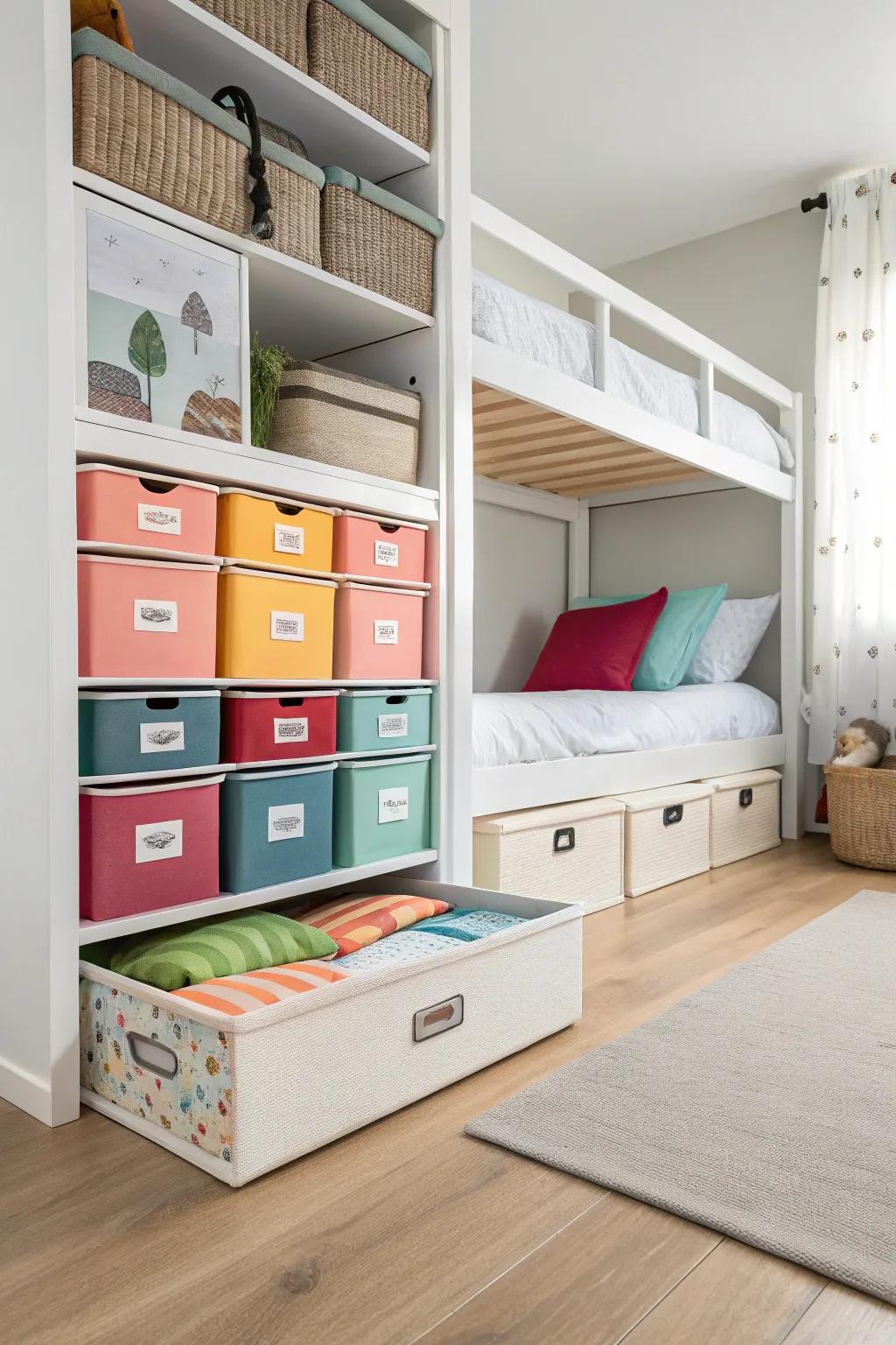 Under-bed storage takes full advantage of otherwise unused space.