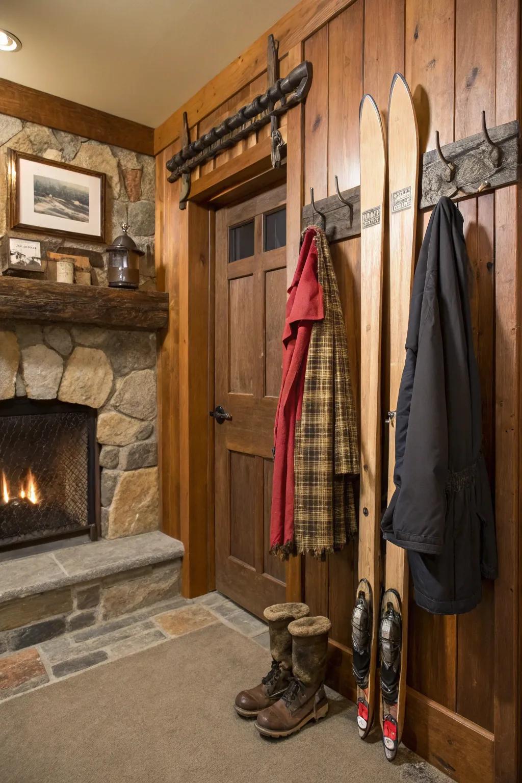 Reclaimed vintage skis fashion a charming and sentimental coat rack.