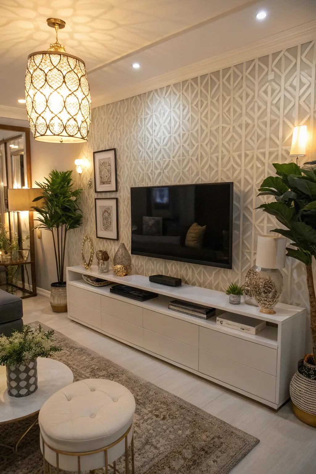 A modern media center featuring a flat-screen TV and stylish decor.