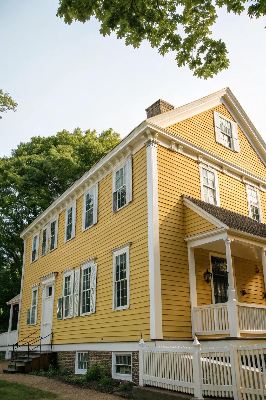 A delightful colonial house glowing with a gilded facade and crisp alabaster trim.