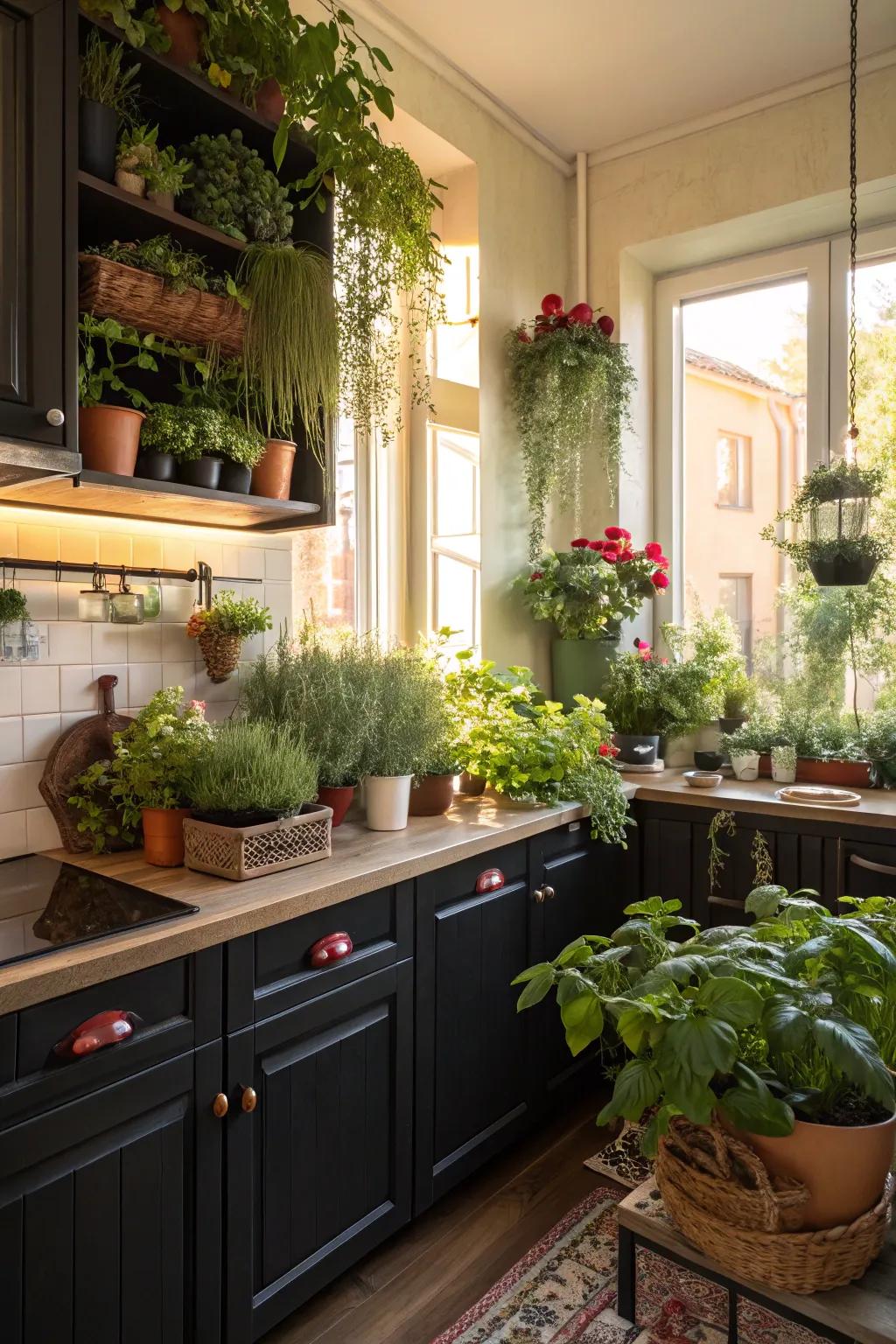 Dark cabinets completed by vibrant greenery for a fresh and lively kitchen.