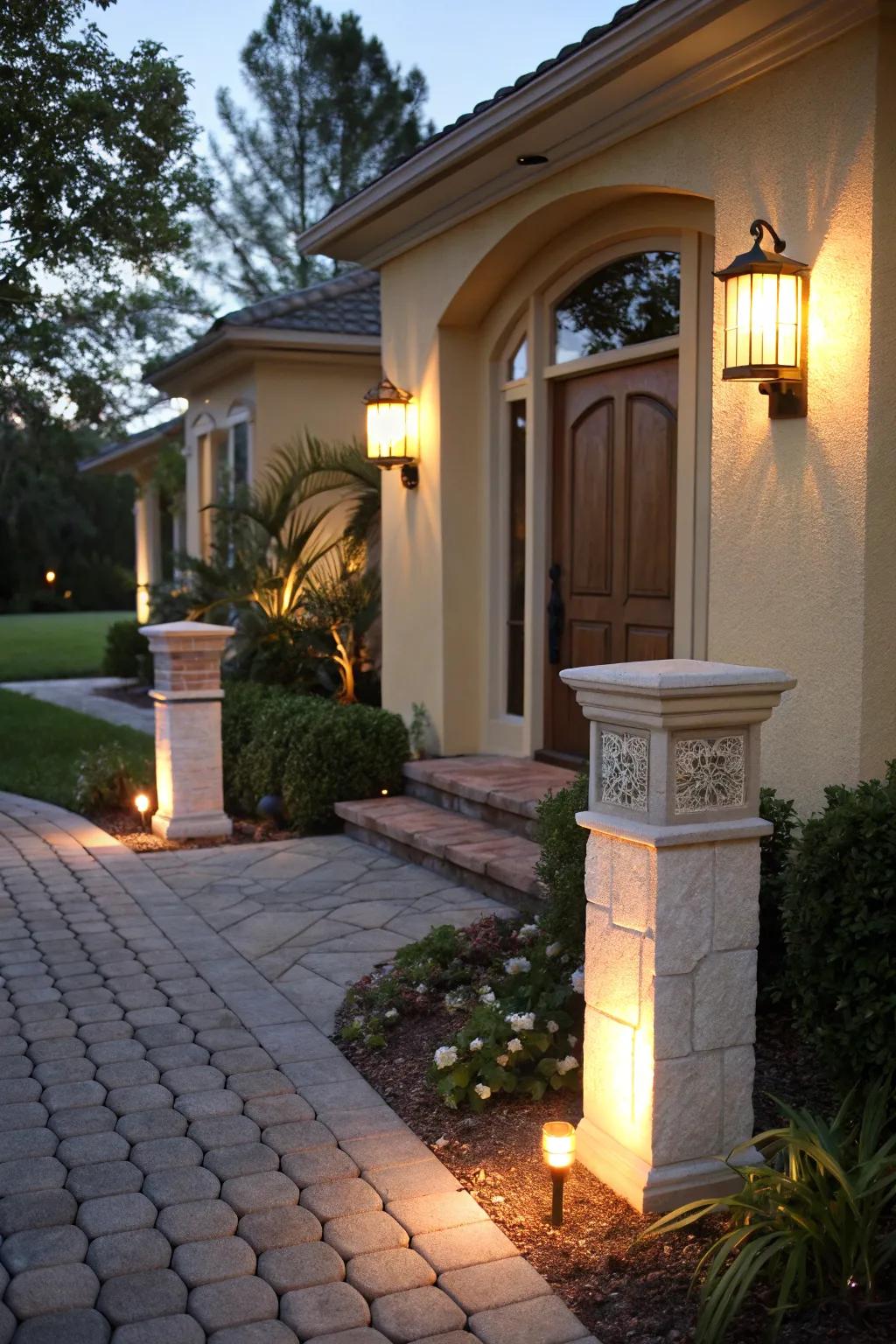 Welcome visitors using warmly lit entry columns.