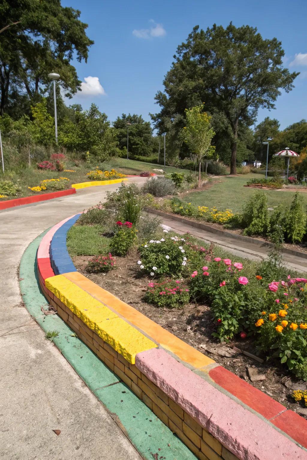 Vibrant colors make concrete edging eye-catching.