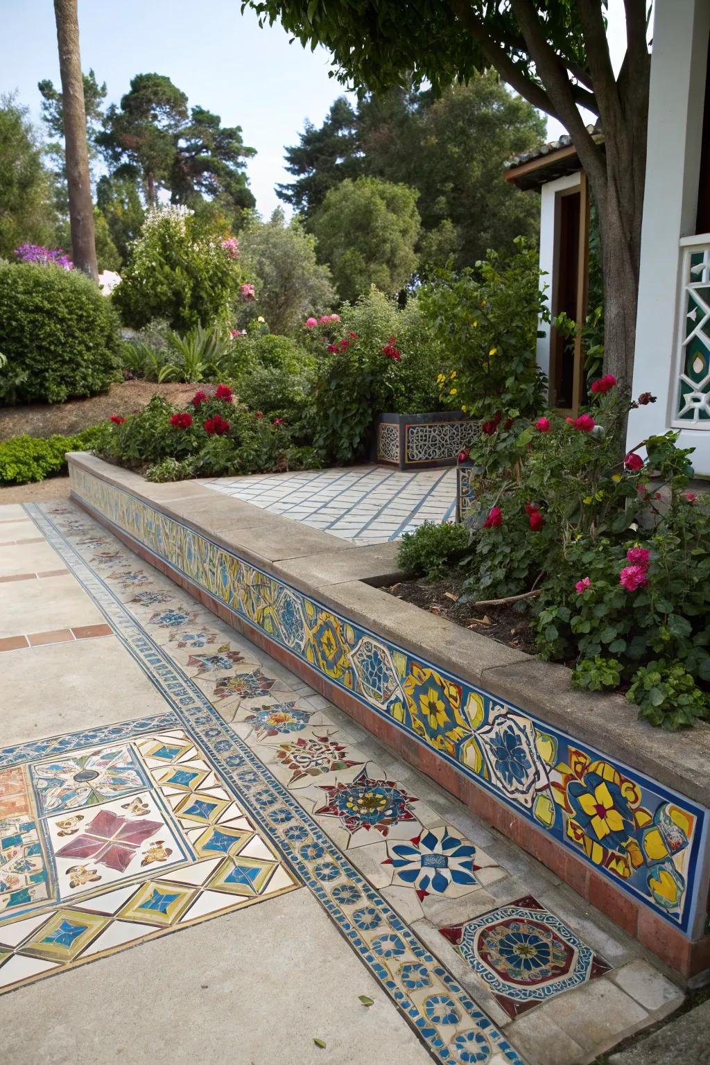 Mosaic tiles bring color and artistry to patio borders.