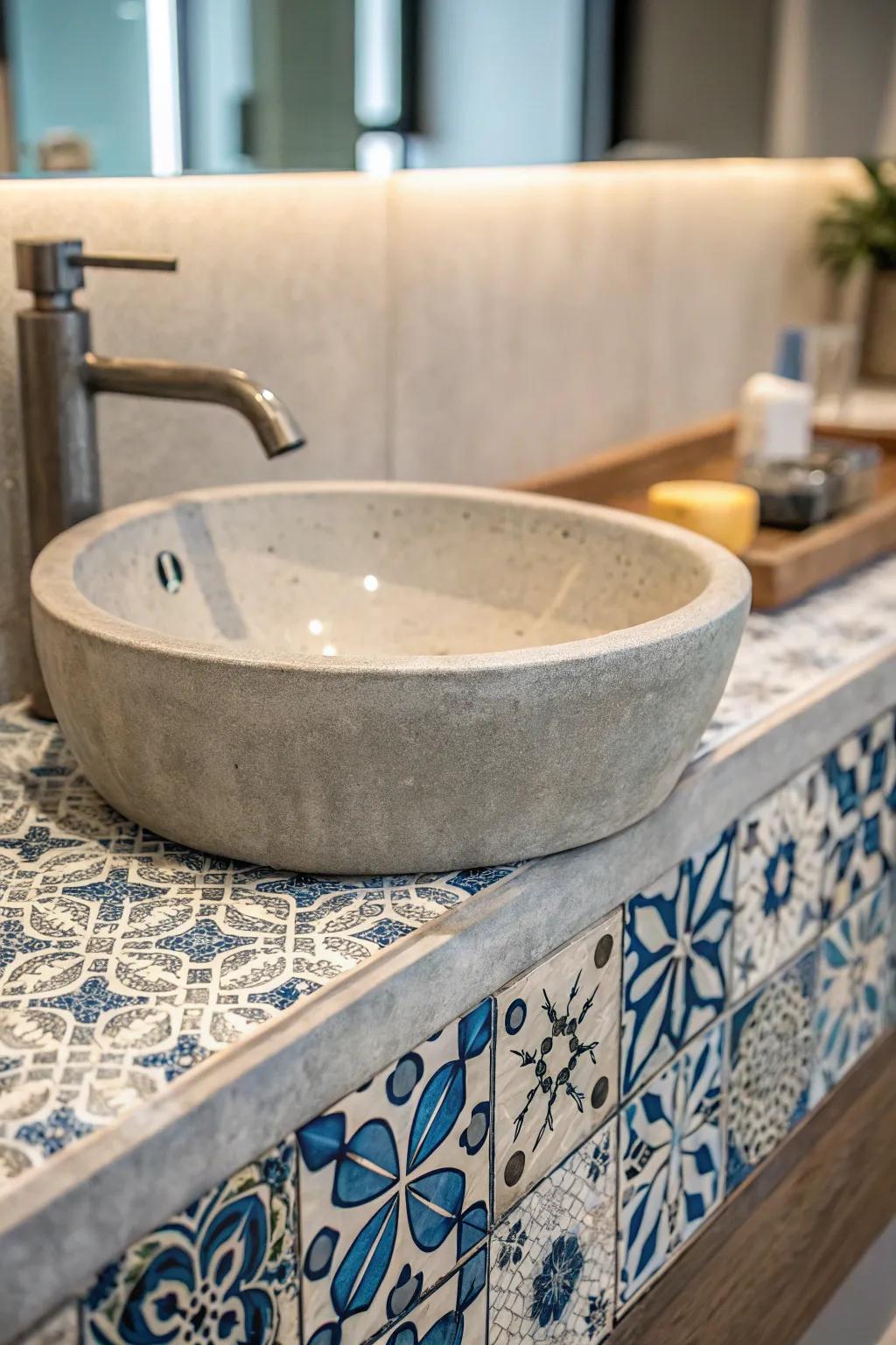 Concrete sink with a decorative tile splashback.