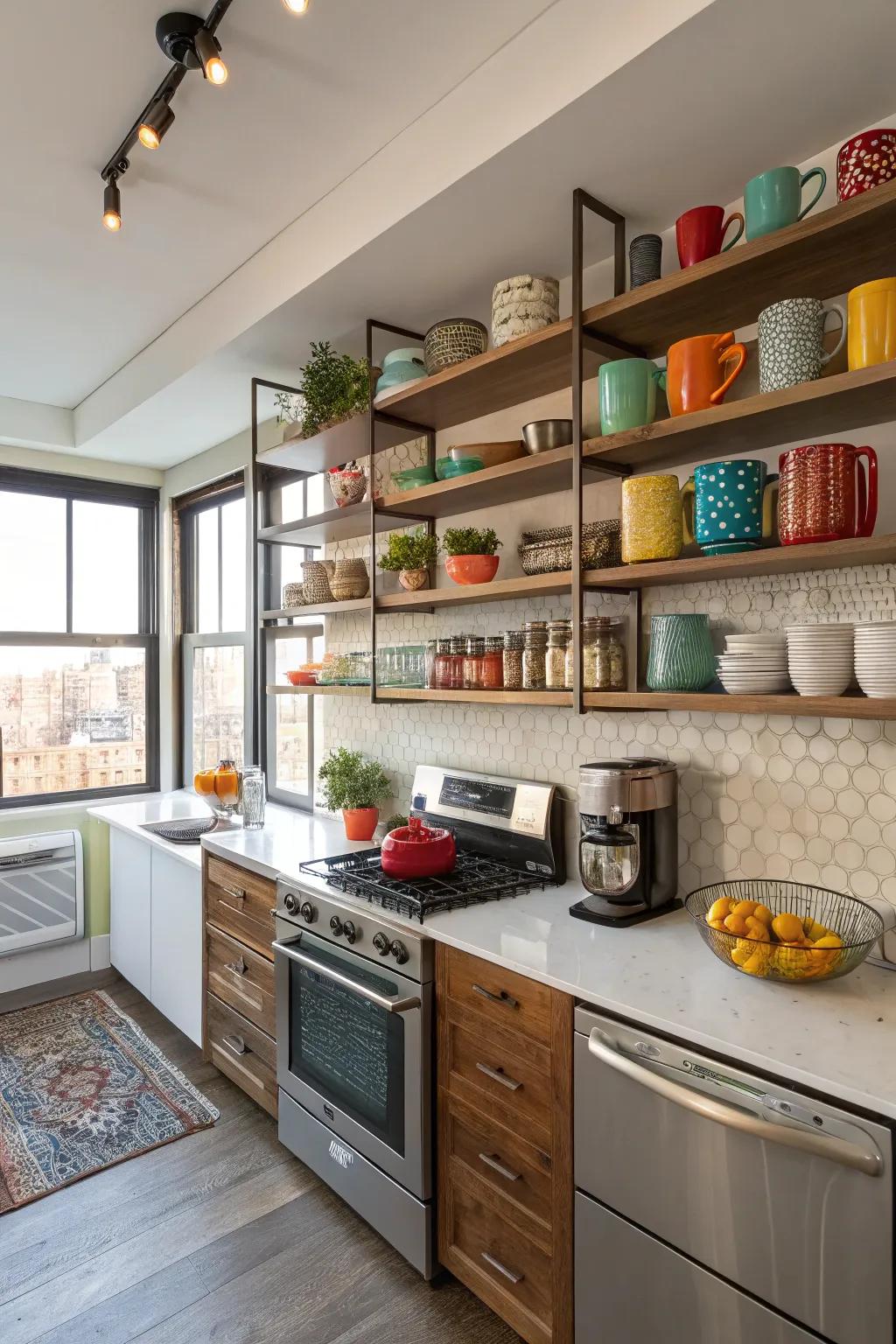 Exposed shelving enhances the style and ease of access in your kitchen.