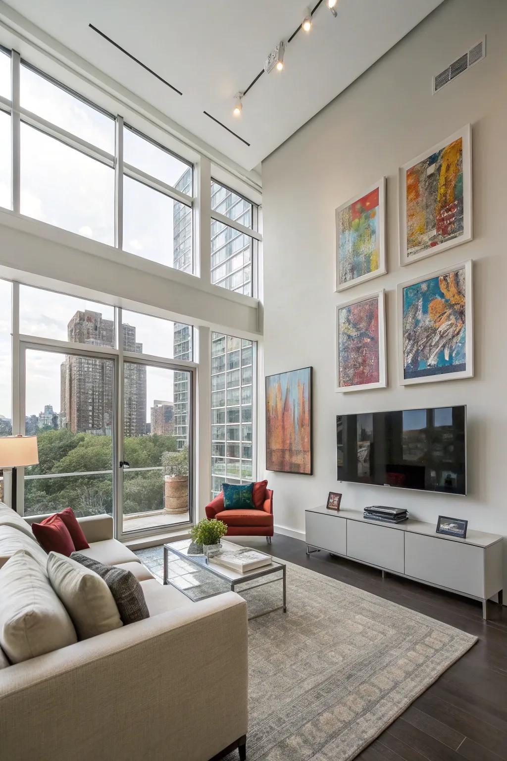 Art pieces adding a personal touch to a condo living area.