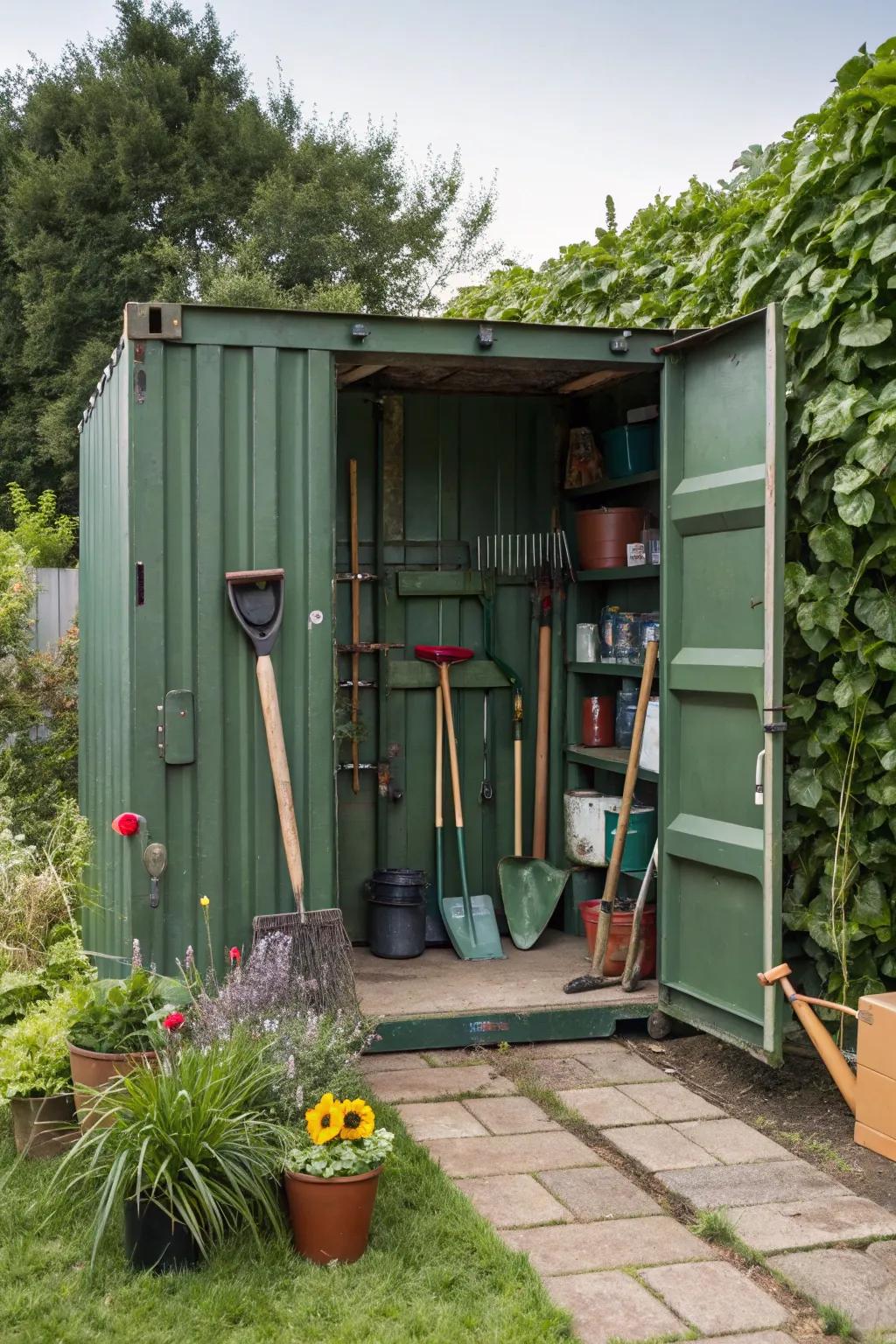A shipping container forms the perfect location to store gardening essentials.