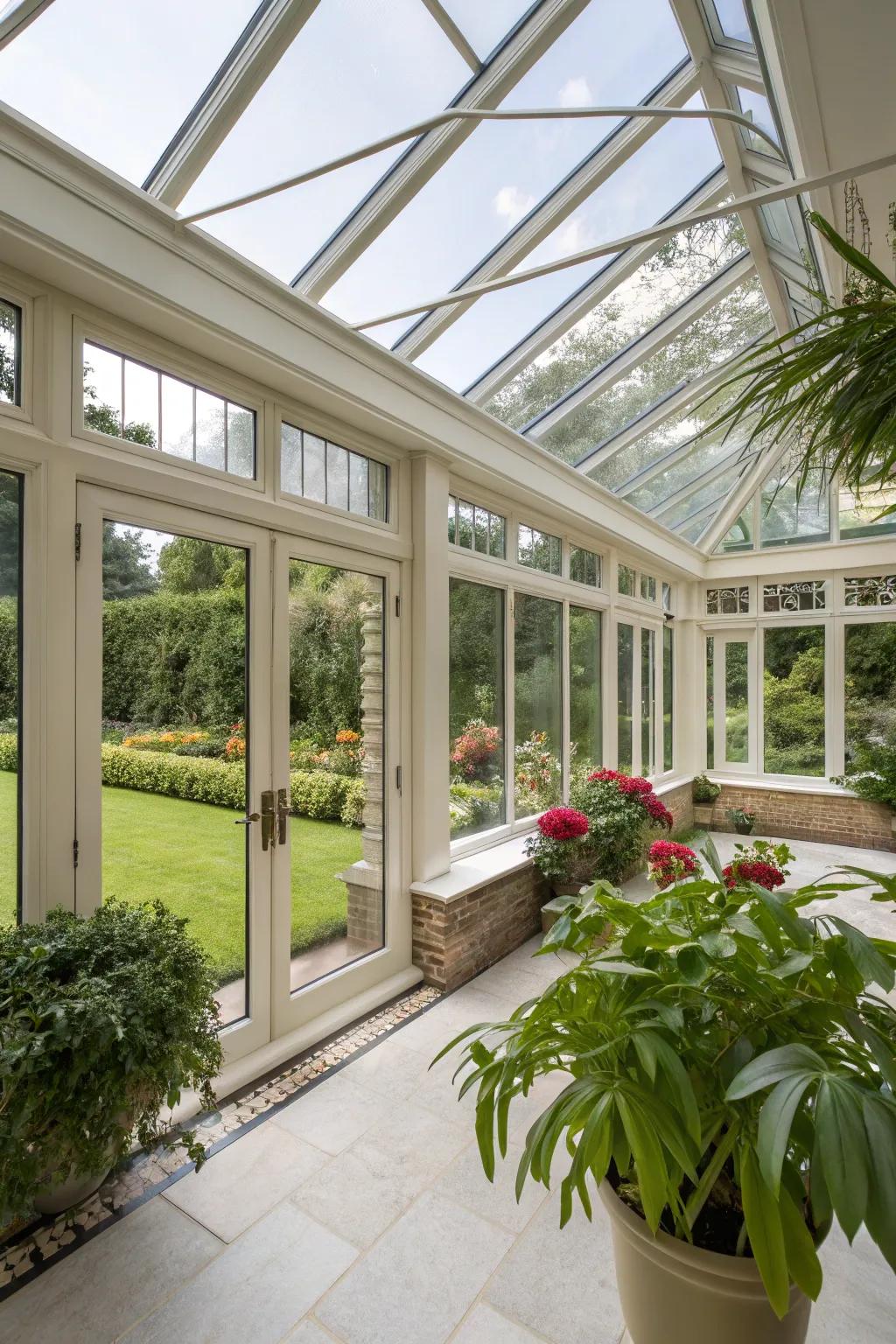 A modern conservatory with innovative clear expansions.