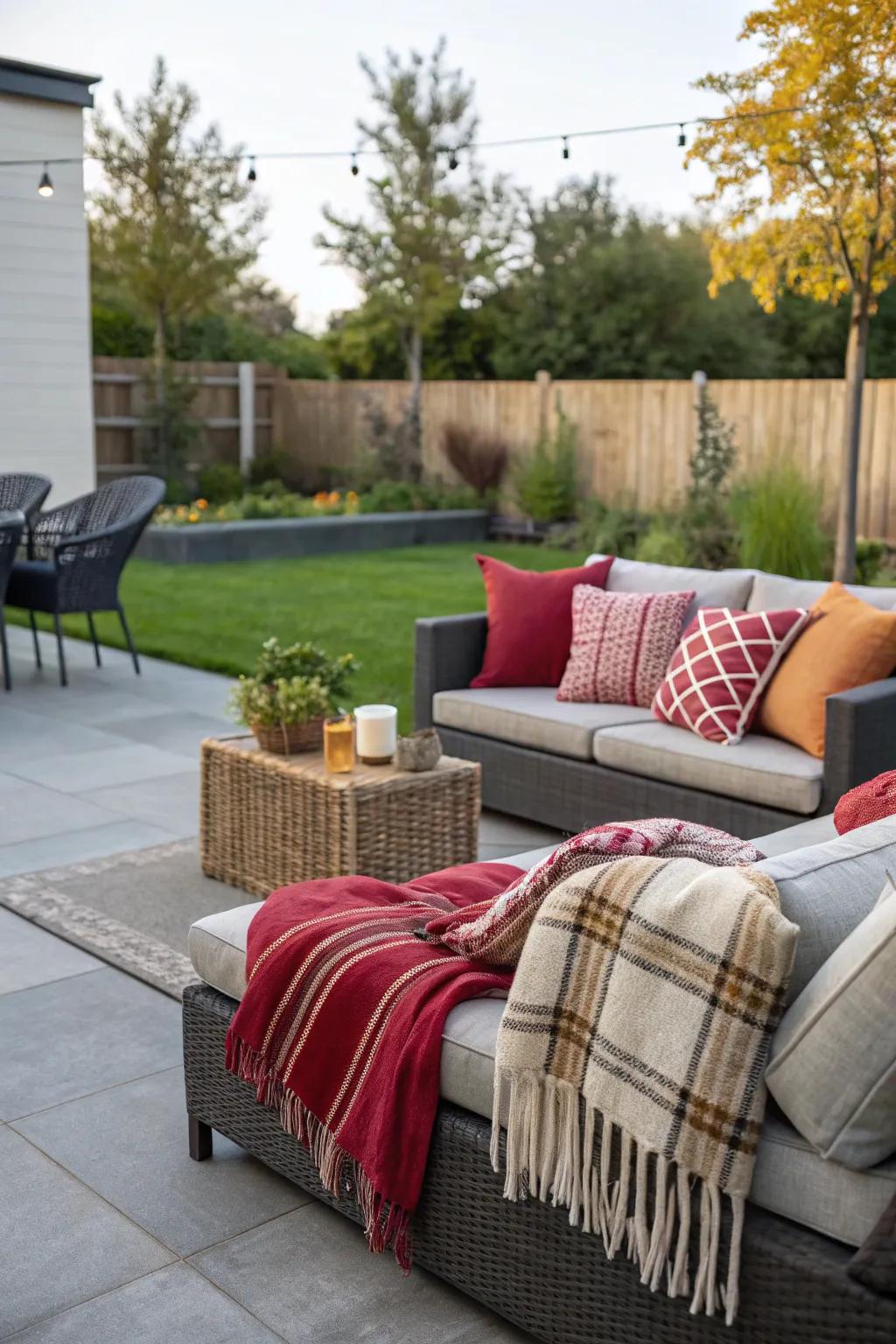 Cozy textures with cushions and throws for a welcoming patio.