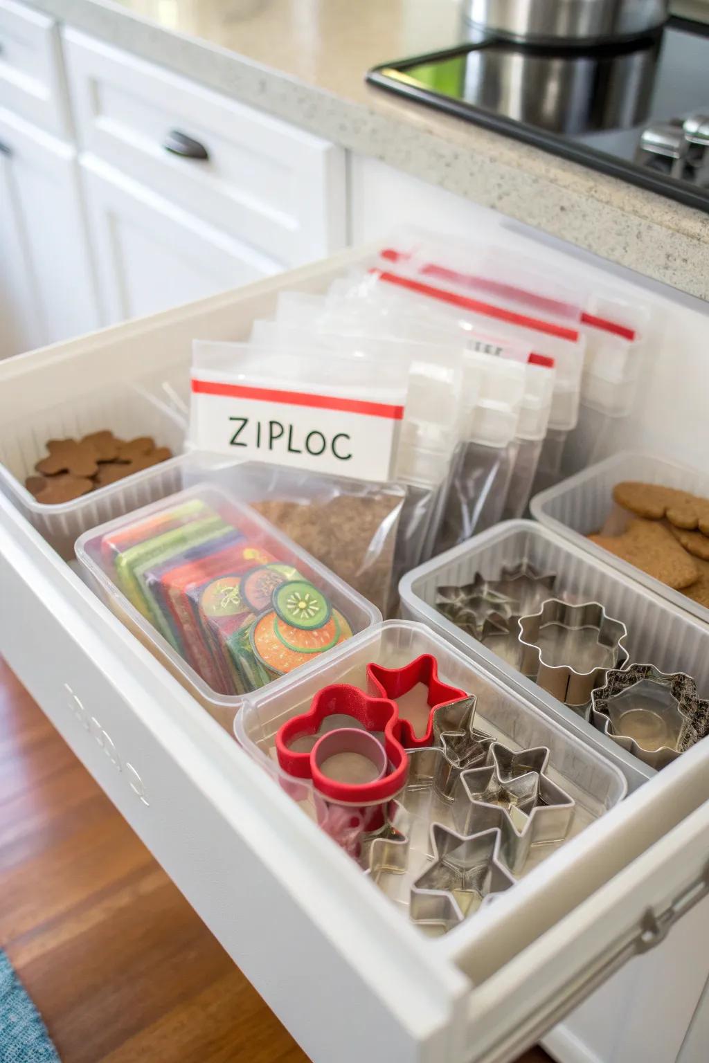 Cookie embossers arranged in labeled sealable pouches for simple storage.