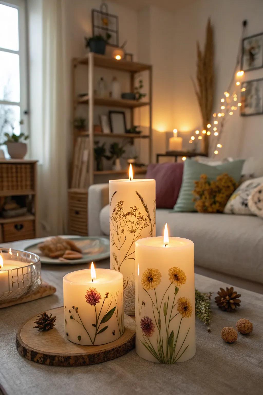 Candles through dried blooms introduce nature indoors.