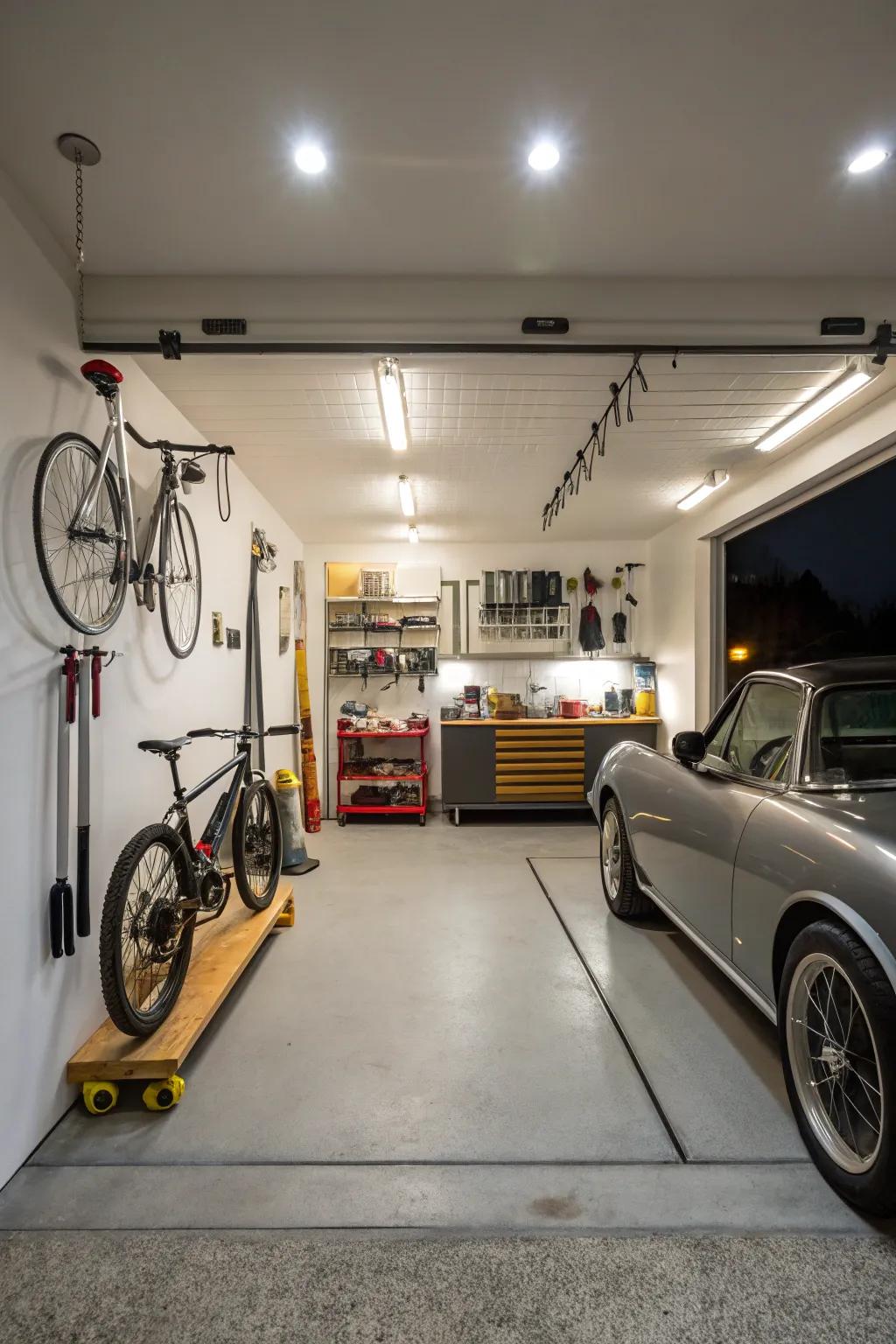 A well-lit garage with bright and strategic lighting.