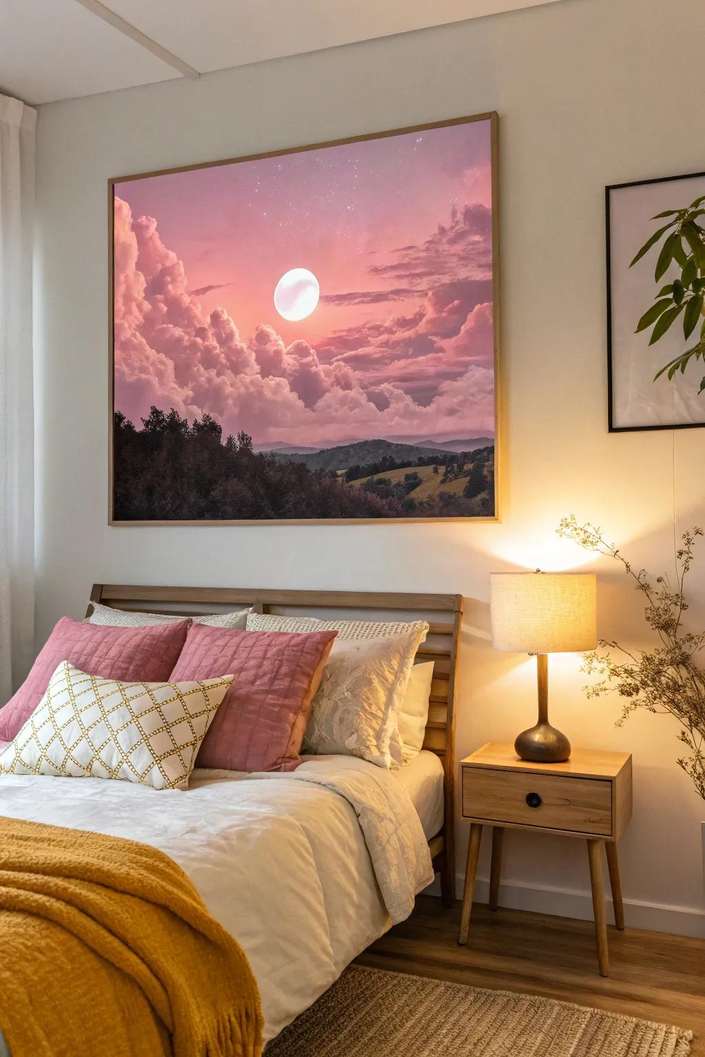 A whimsical rose sky with a crescent makes a dreamy atmosphere.