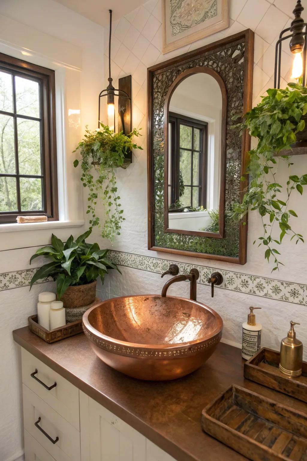 Decorative elements add a playful vibe to this bathroom, perfectly complementing the copper sink.