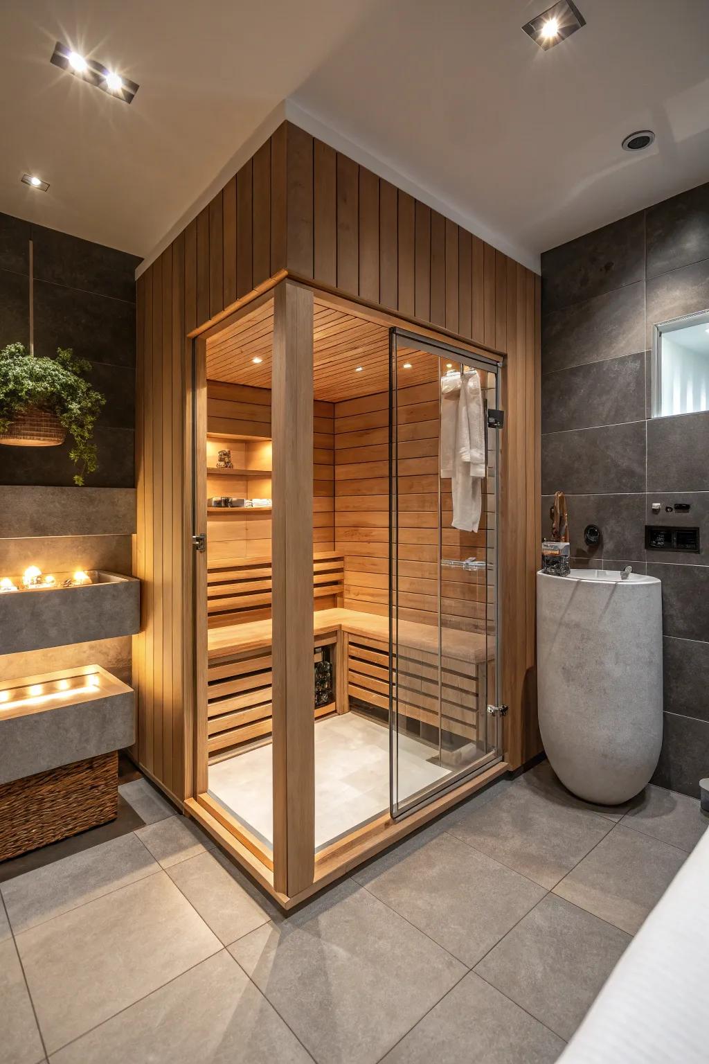 A corner sauna offers a personal spa experience at home.