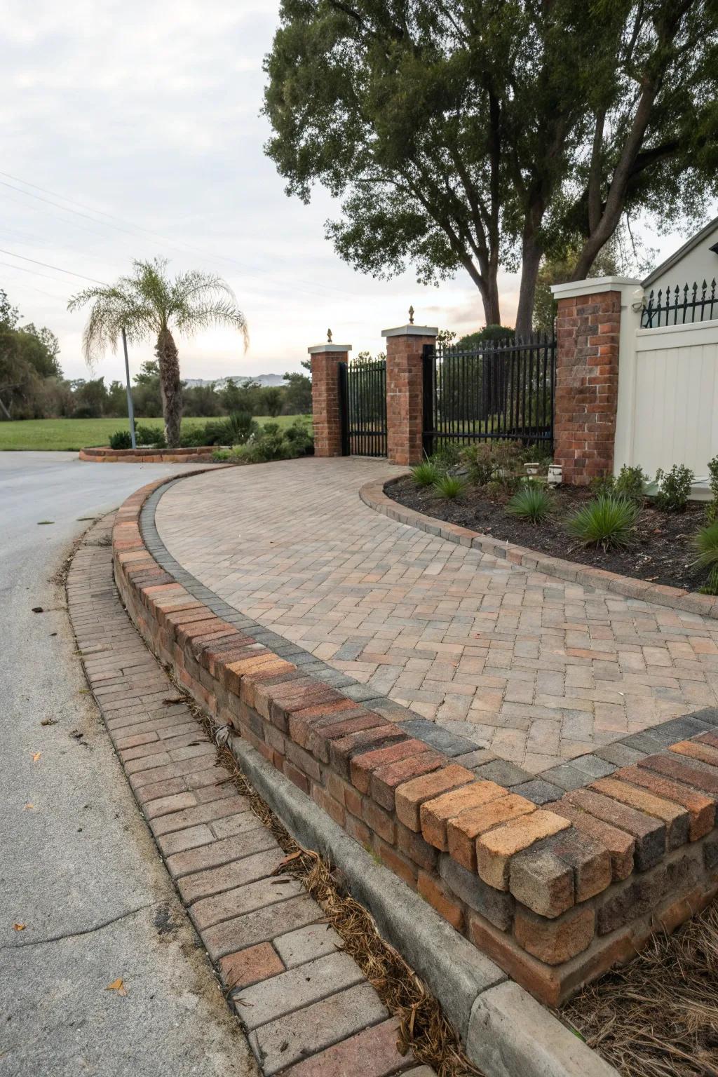 Repurposed bricks adding a rustic, vintage charm to driveway borders.