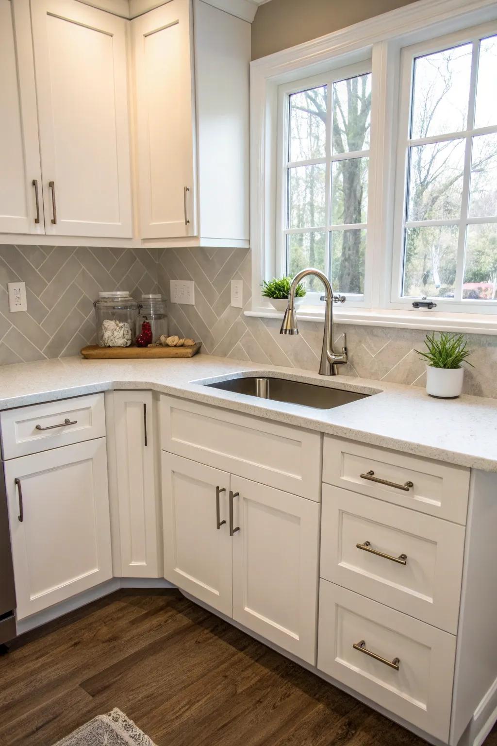 Elegant cabinetry is key to maximizing space and style in a corner sink layout.