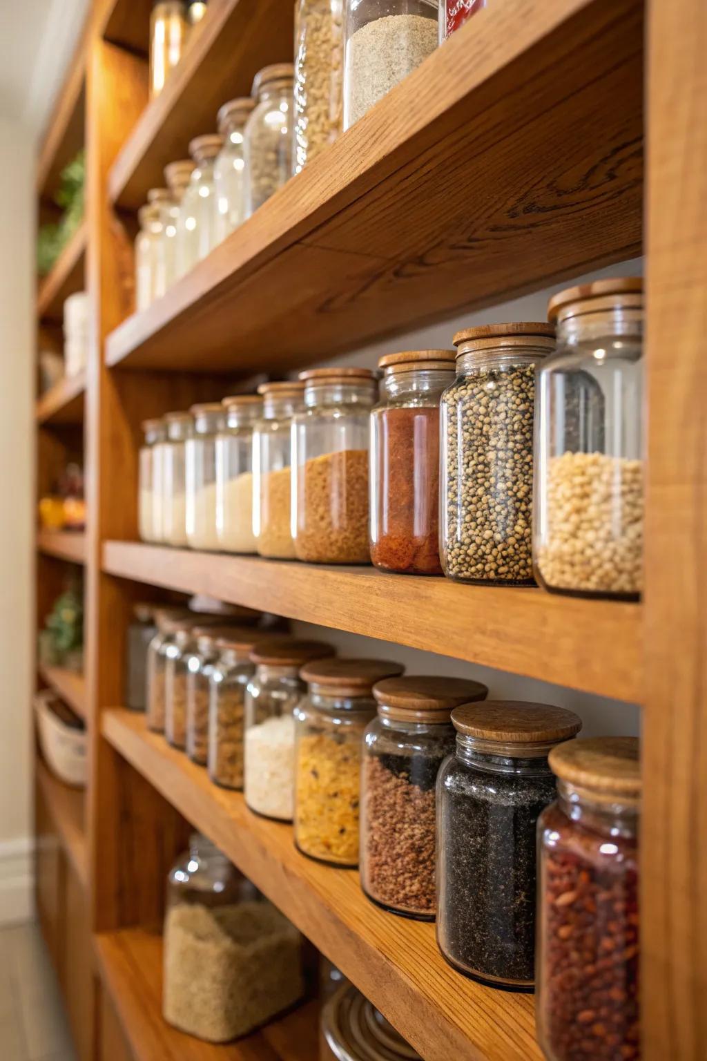 Glass containers used in a corner pantry for see-through storage.