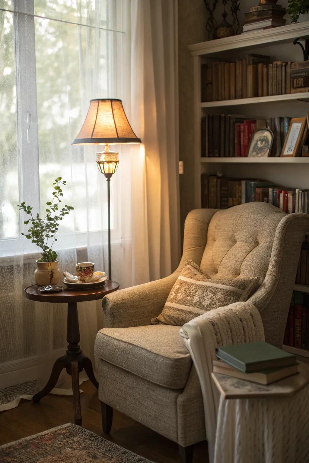 The ideal reading corner encourages relaxation in the country living space.