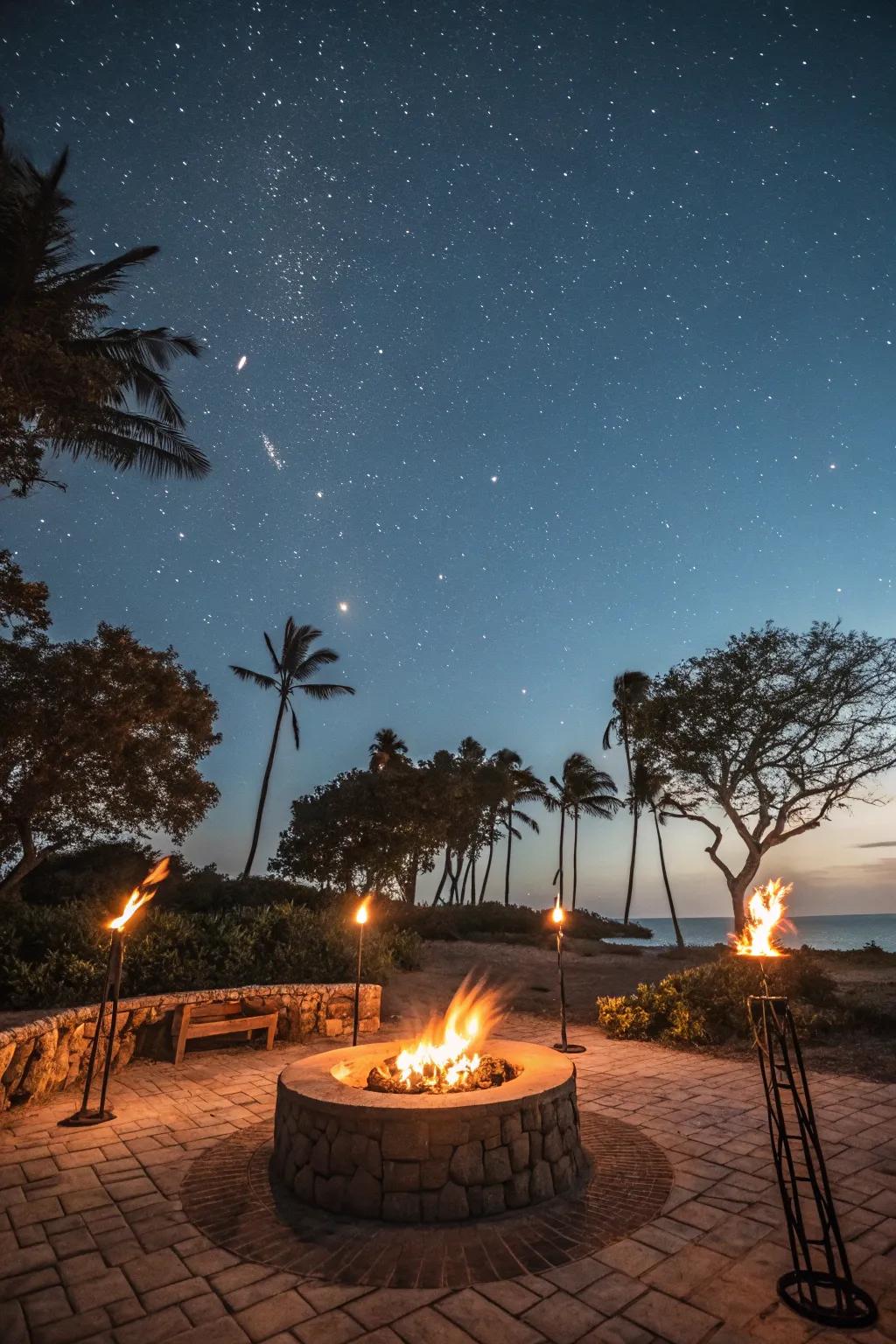 Tiki torches contribute an exotic and lively atmosphere to your fire pit zone.