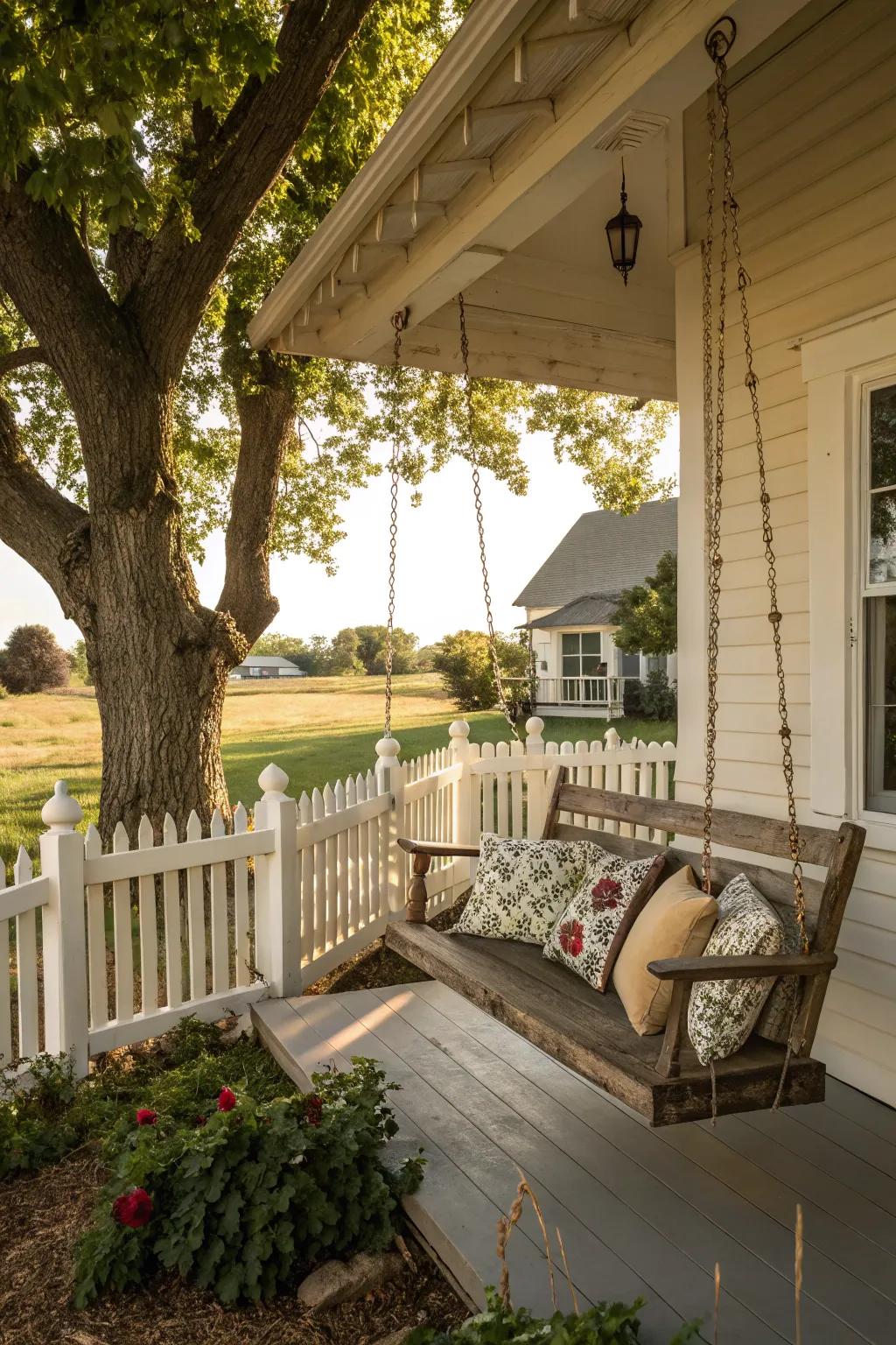 A cozy porch swing invites relaxation and leisure.