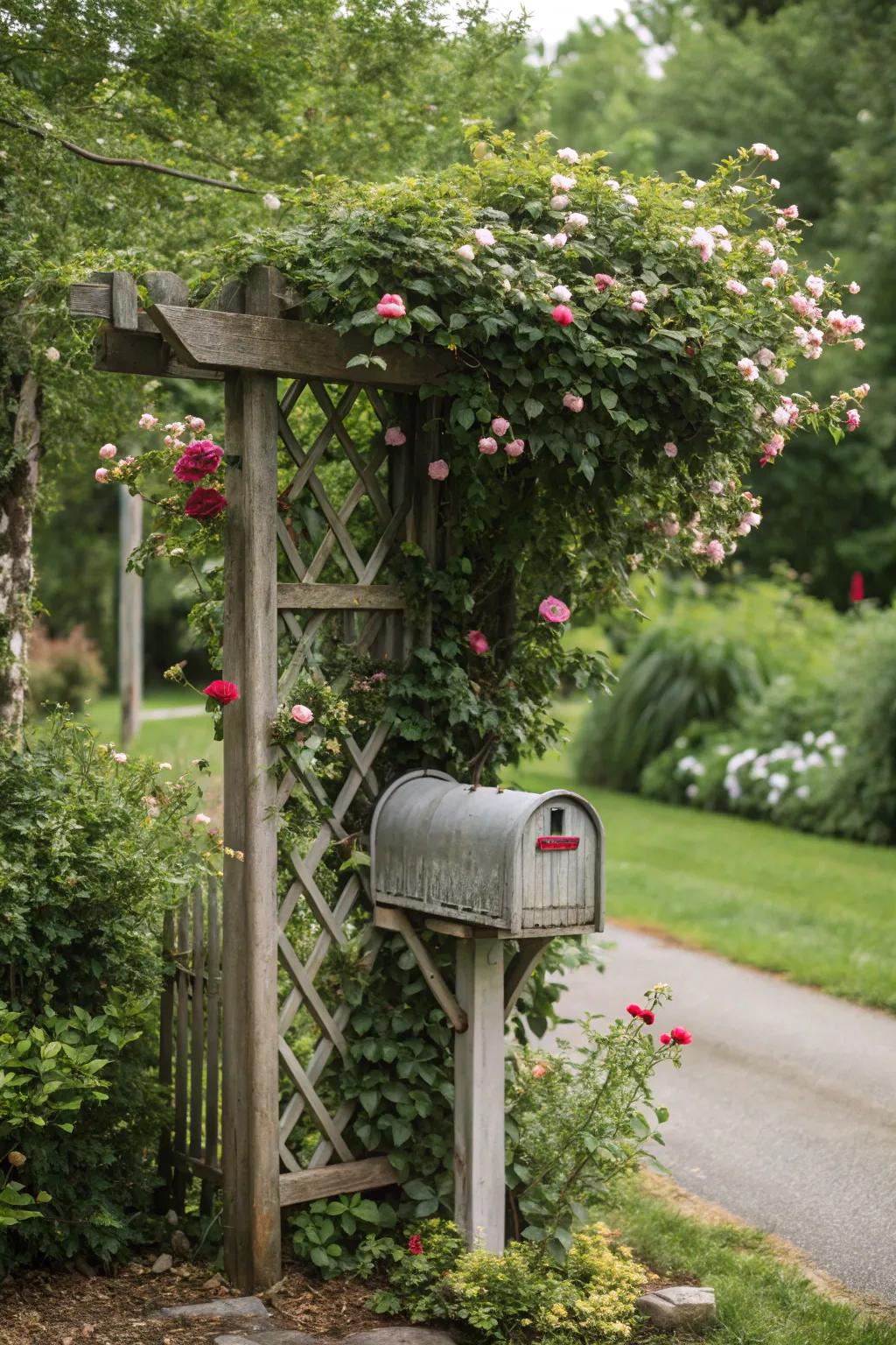 A trellis mailbox combines function with flourishing plant life.