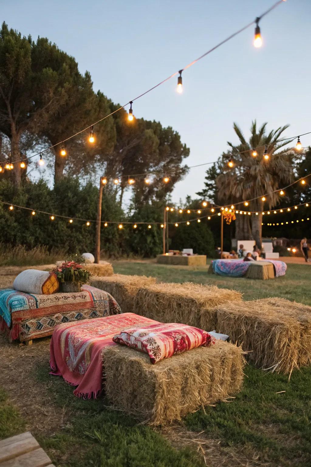 Straw bales offer homespun and practical seating for outdoor functions.