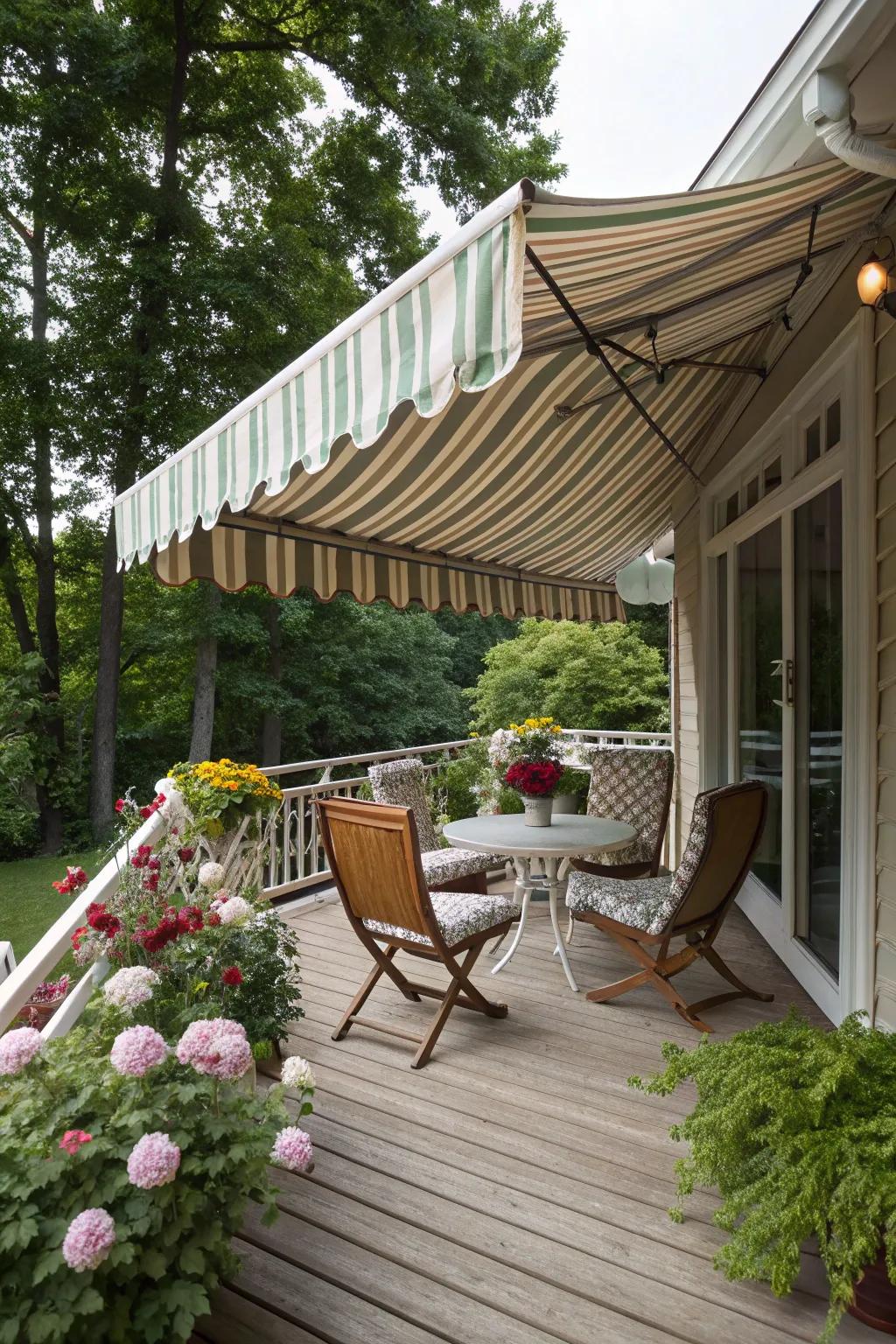 A charming vintage sunshade-covered patio evoking a nostalgic sensation.