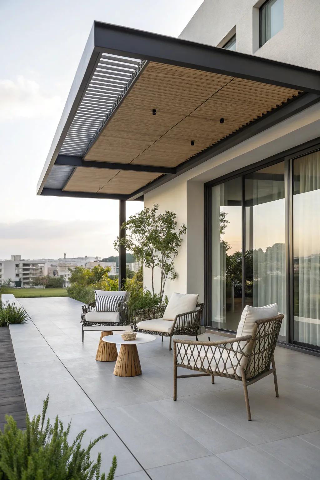 A modern overhang provides stylish shelter.