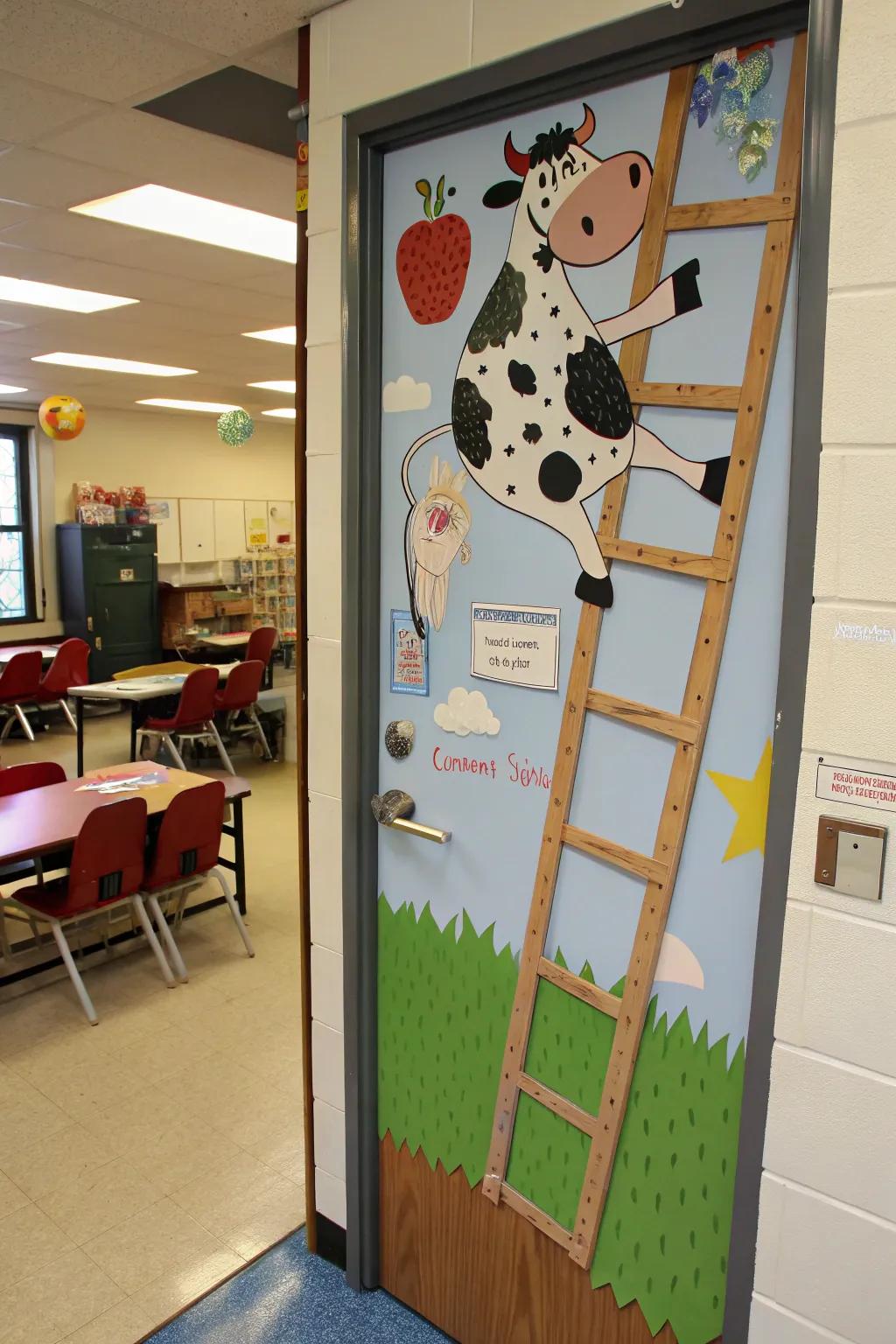 A 'Moo-vin' On Up' door decoration for motivation