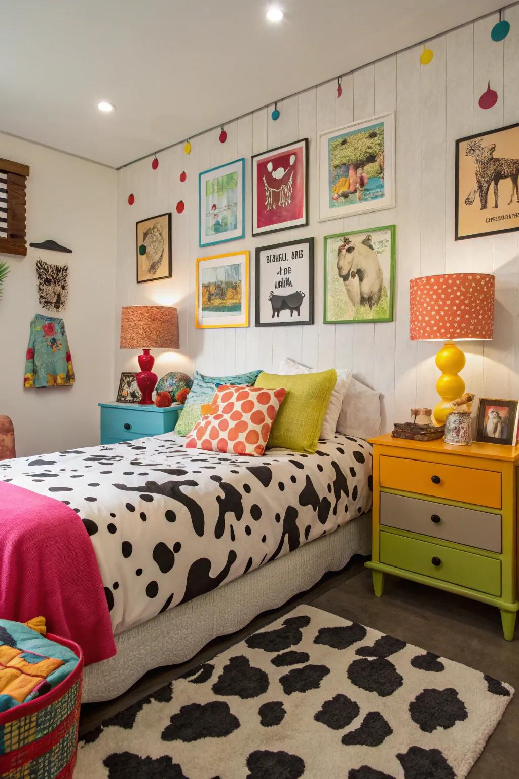 Bright colors and cow print fashion a playful and eclectic room.