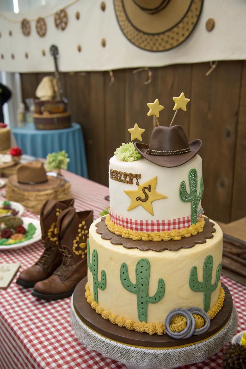 A sheriff badge introduces a playful Wild West twist to this cowgirl cake.