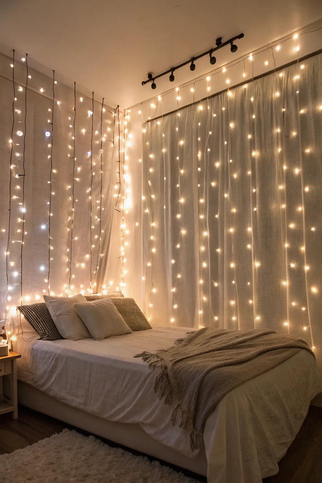 A wall showcased with a fall of twinkle lights.