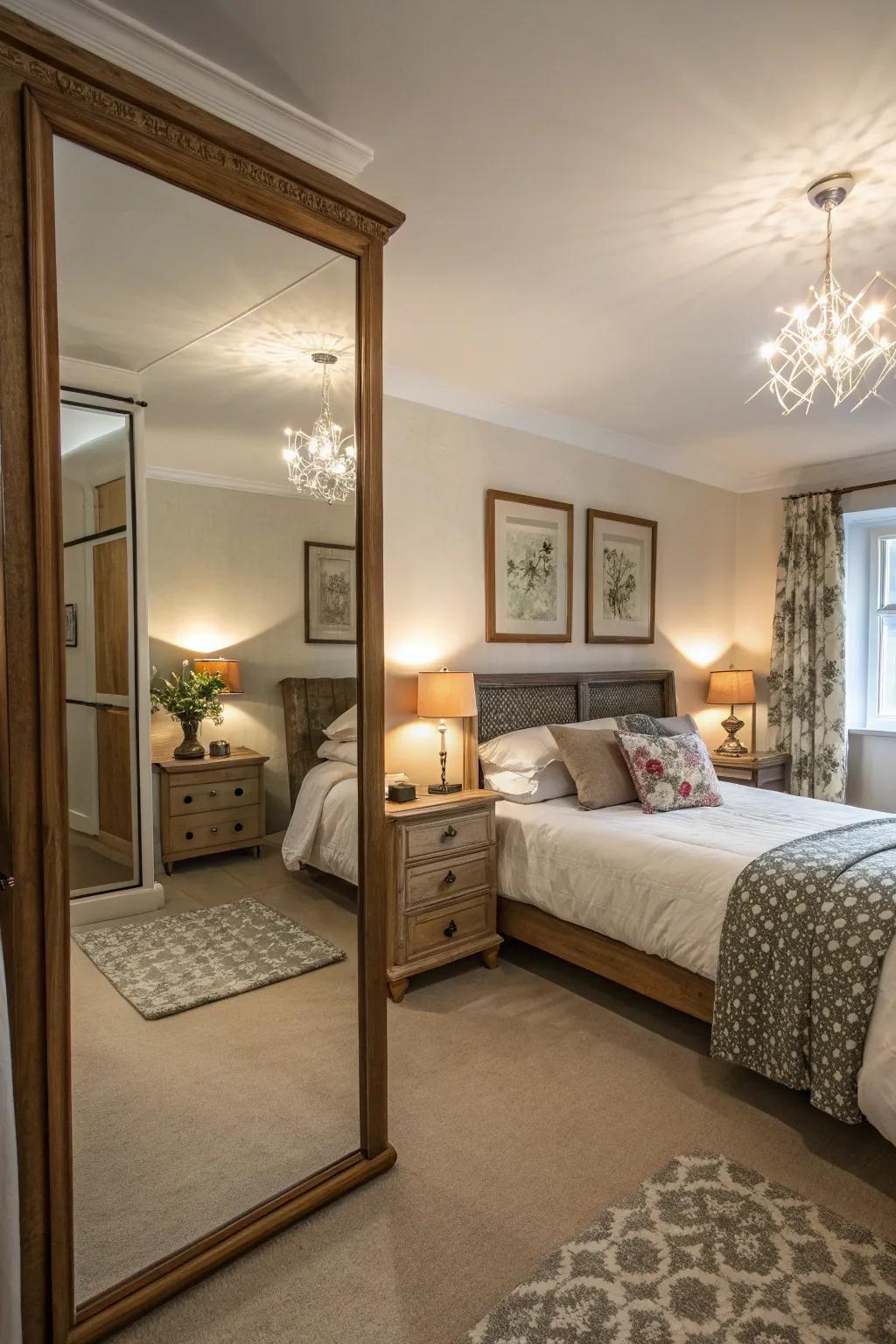 Mirrors expand space and improve lighting in compact bedrooms.