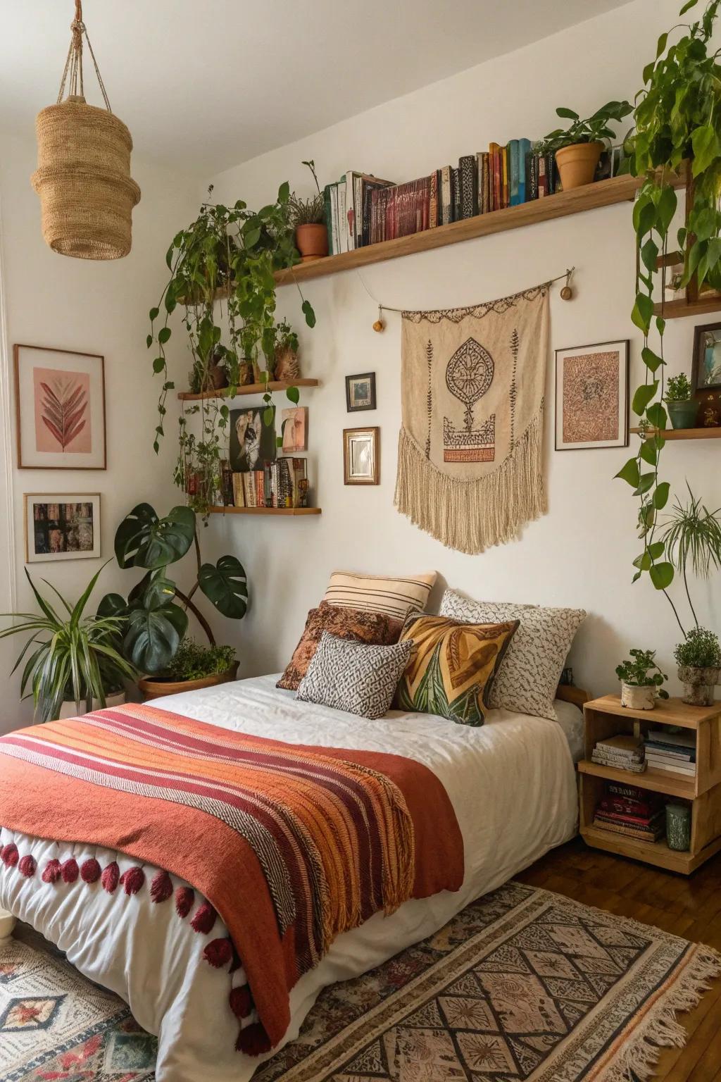 Eclectic touches combine beautifully with plants to create a comfy, diverse bedroom.