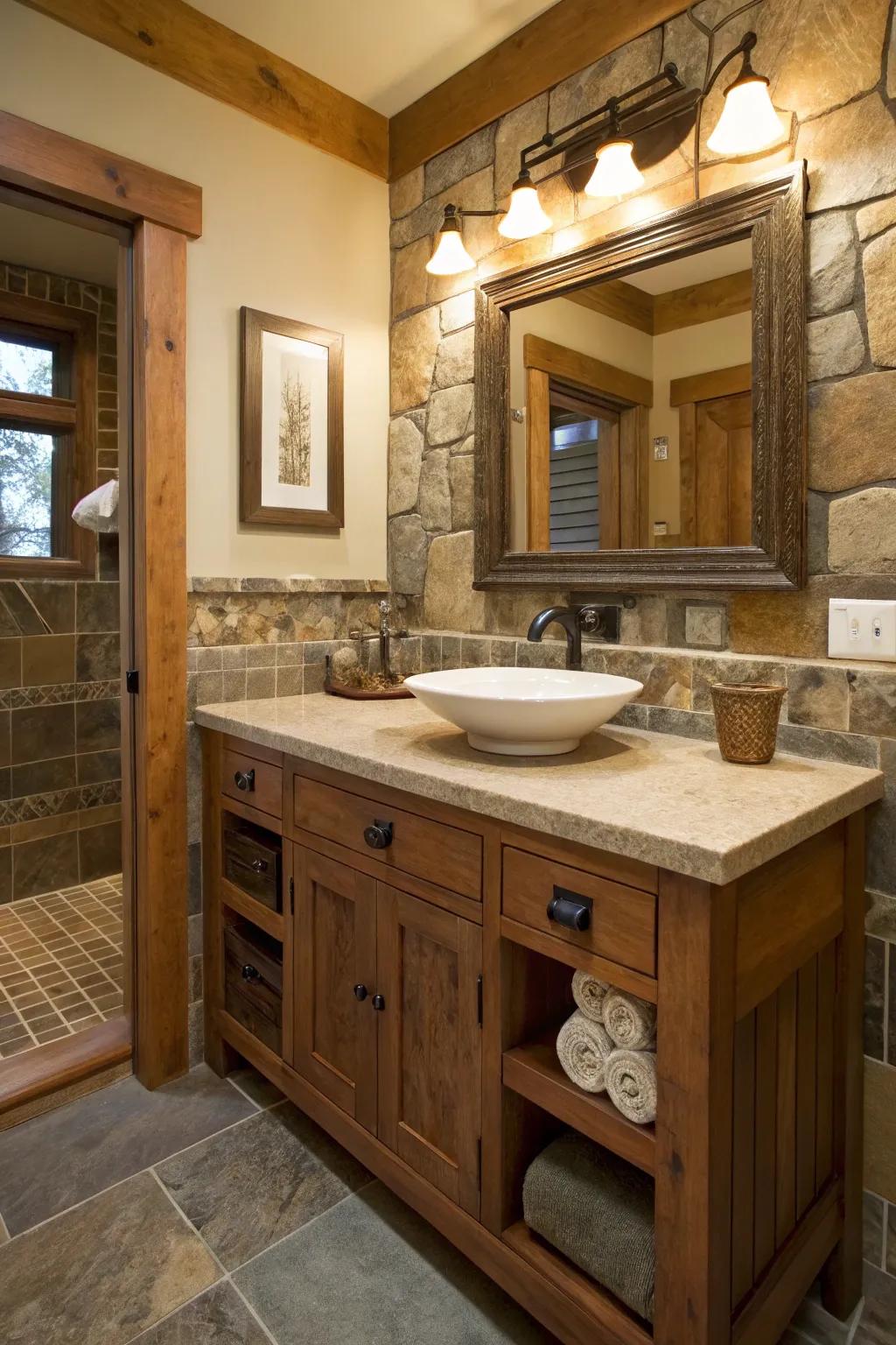 Unrefined rock countertops adding elegance to the craftsman bathroom.