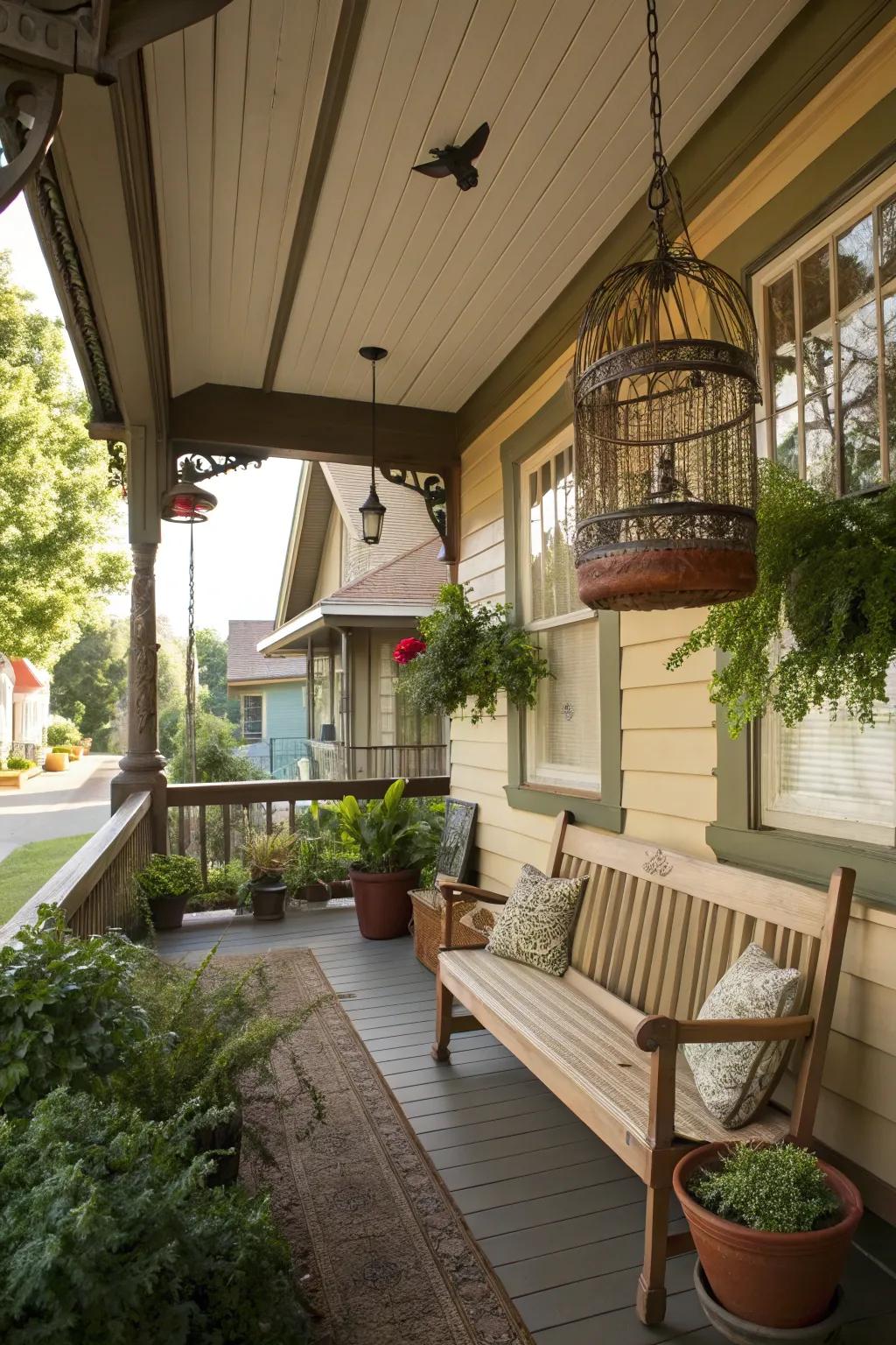 Whimsical elements add unique personality to the porch.