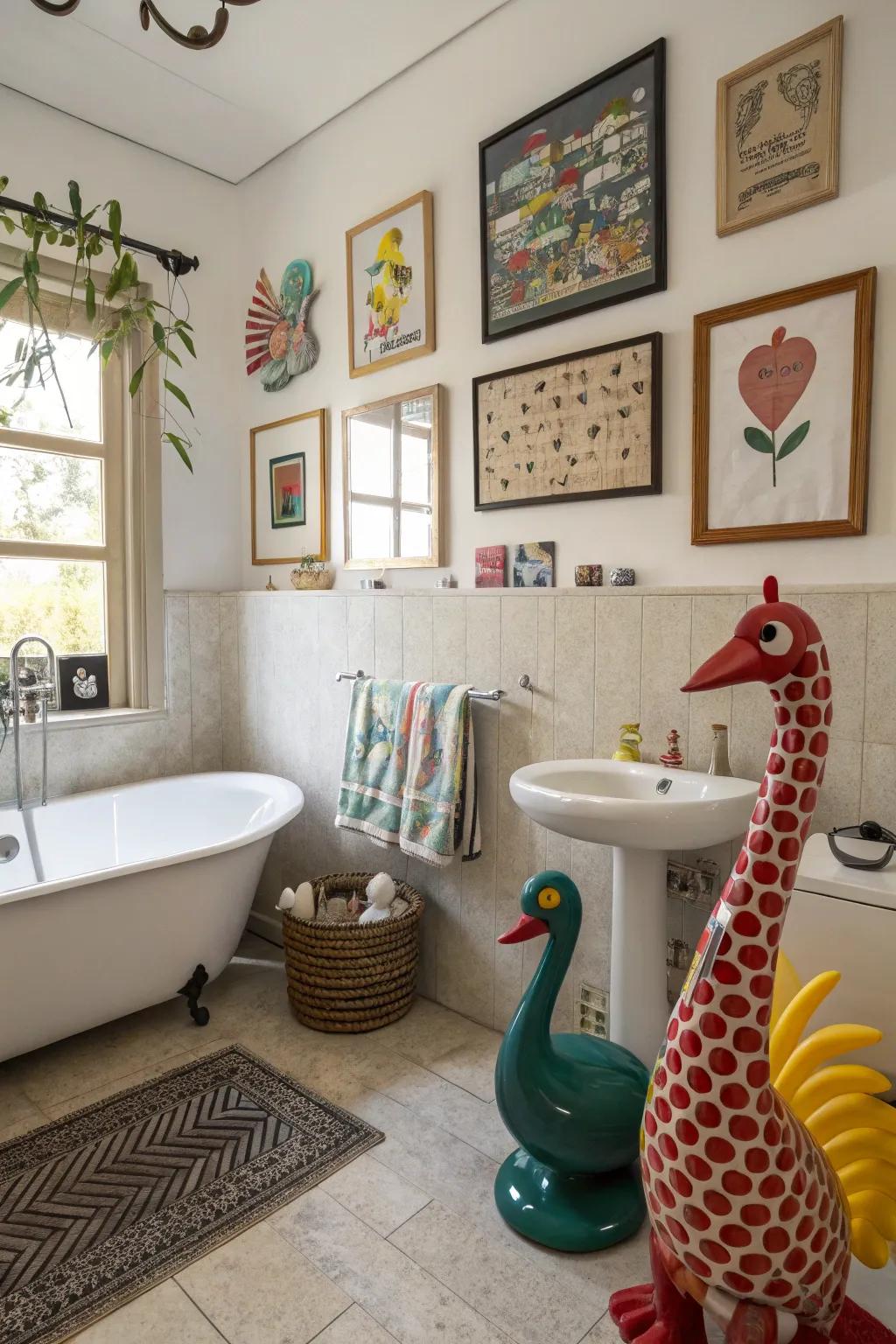 A bathroom displaying whimsical art installations that inspire happiness.