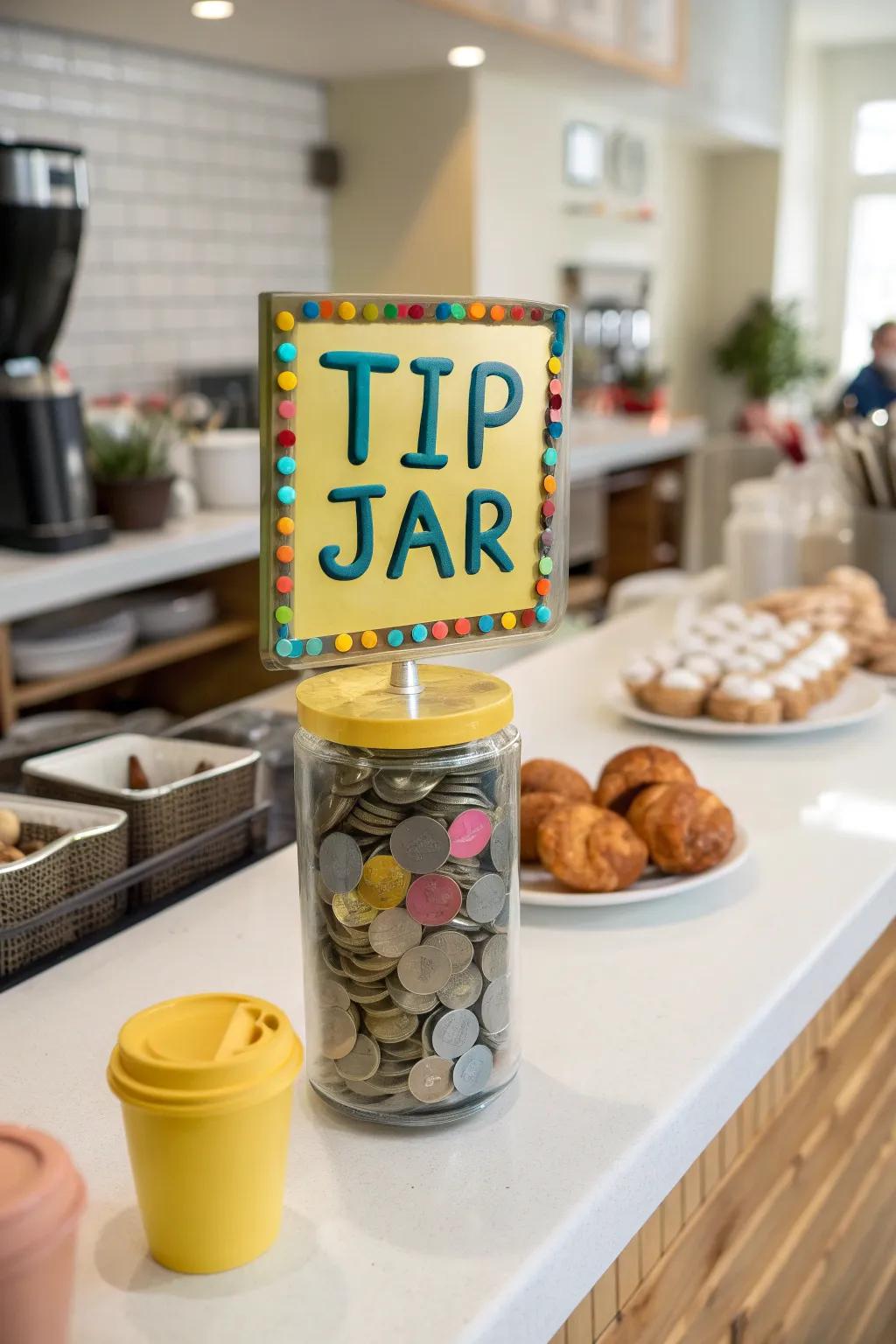 A visually striking tip jar with playful design