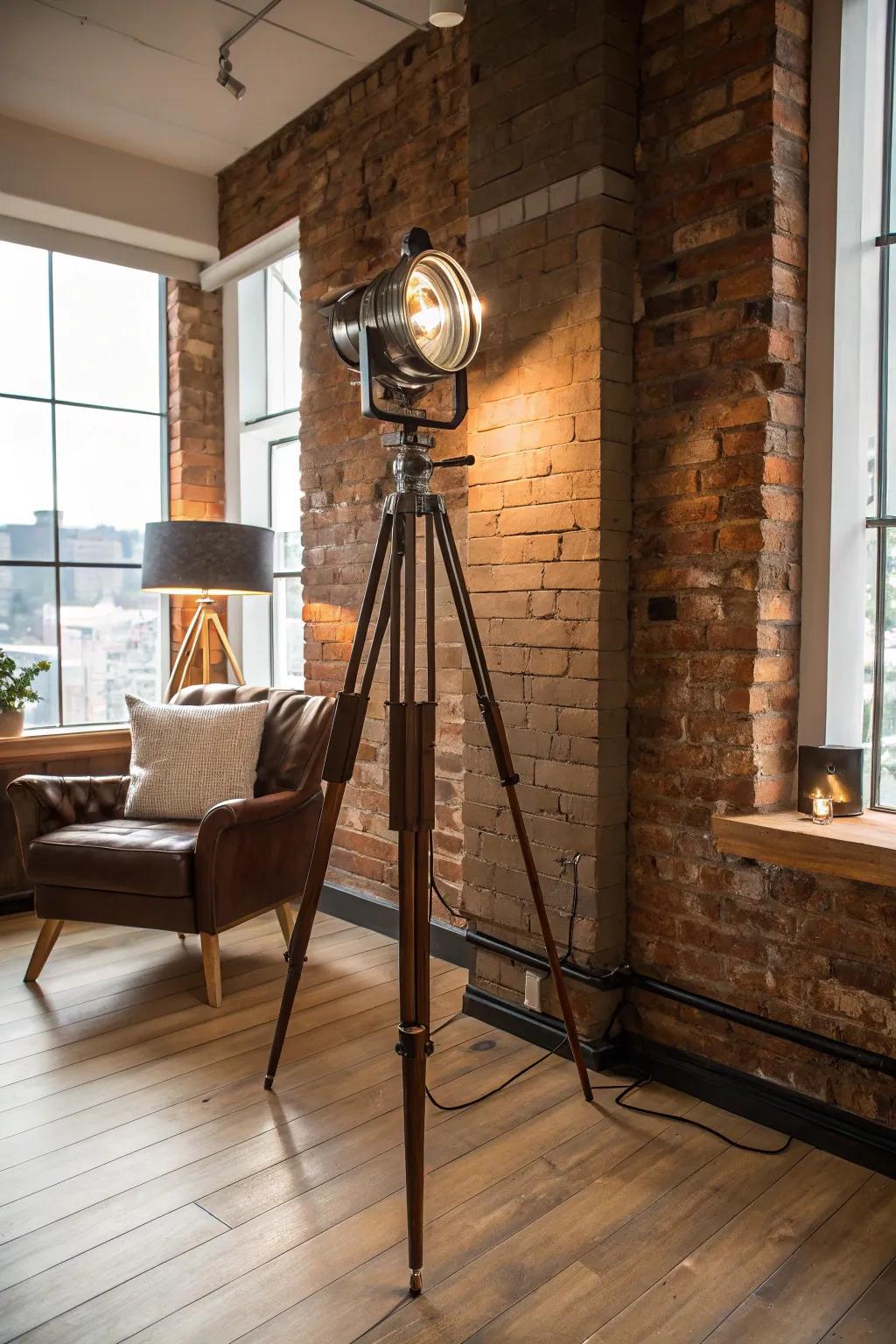 A camera tripod repurposed as a floor lamp in a fashionable loft.