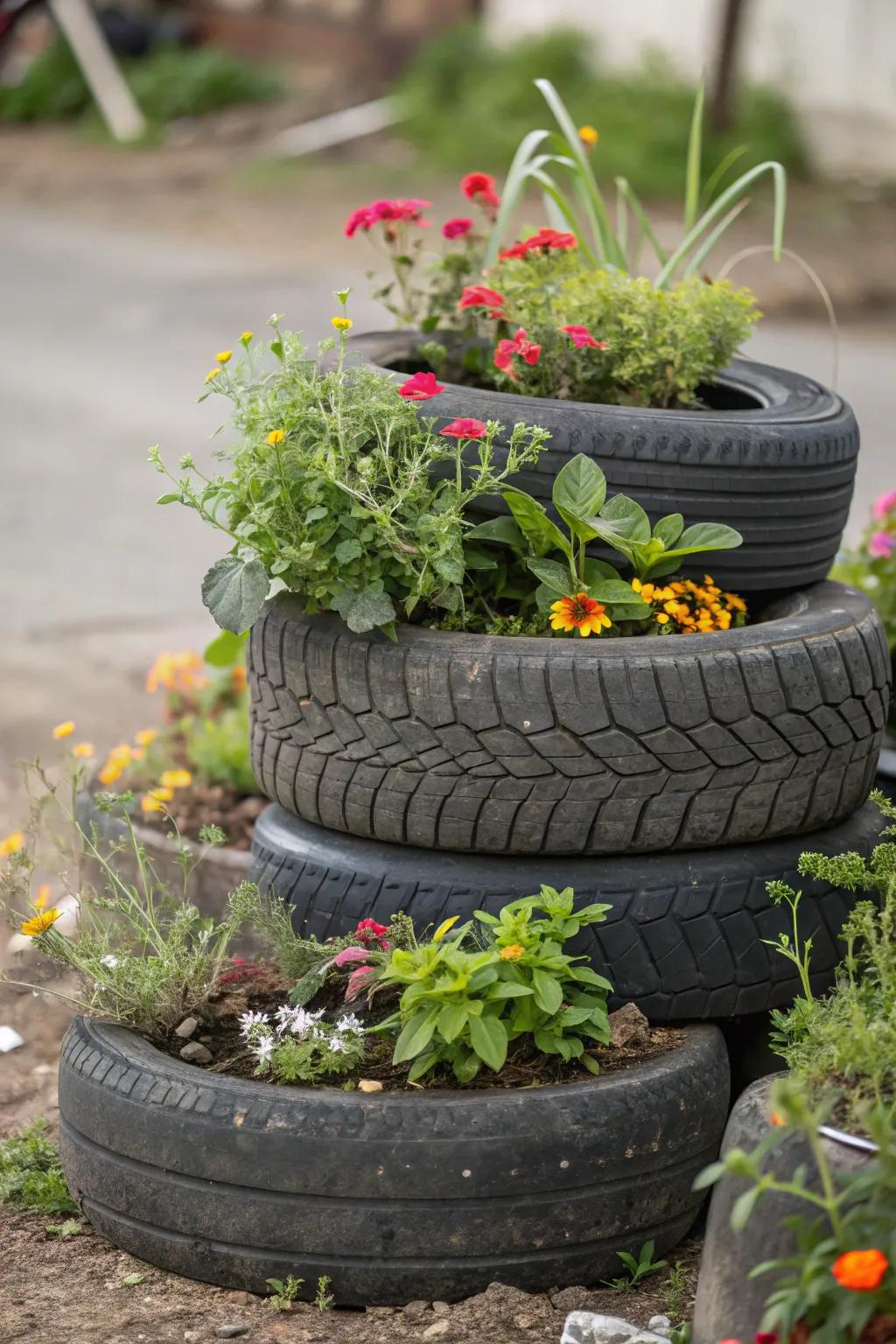 Opulent display with multi-layered horticulture in tires.