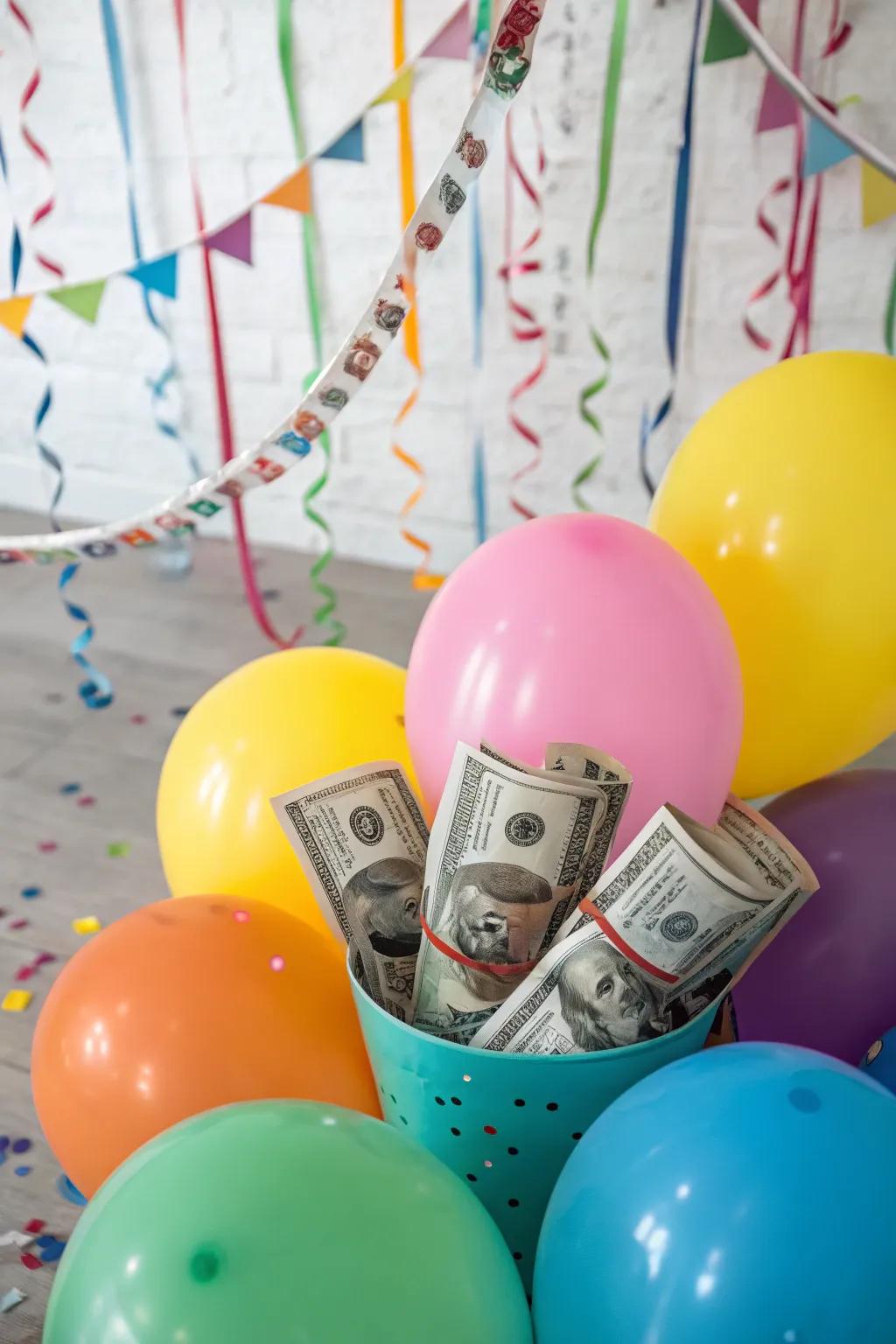 Burst aerostatic orbs for a celebratory financial shock.