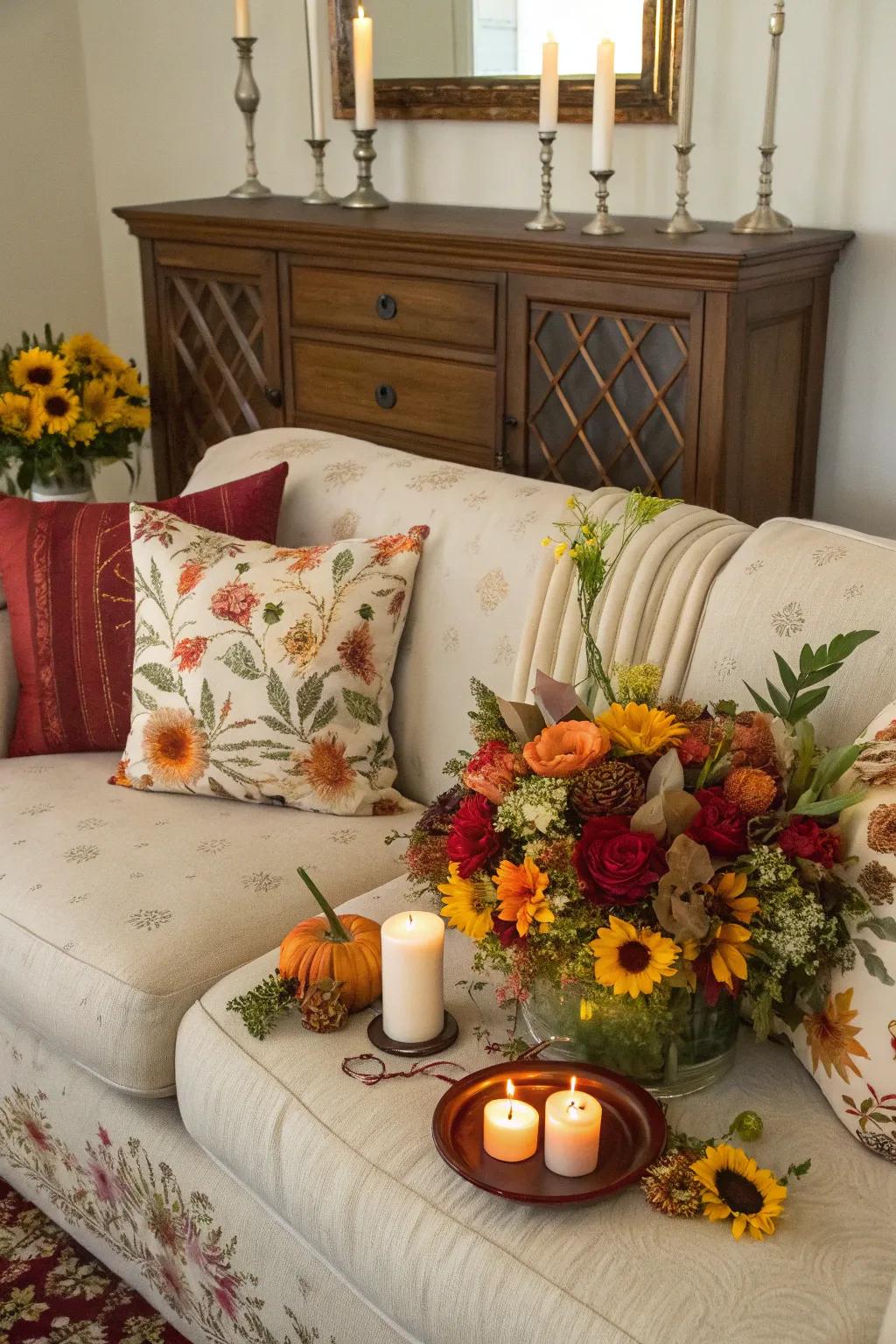 Seasonal decor on a sideboard keeps the space lively.