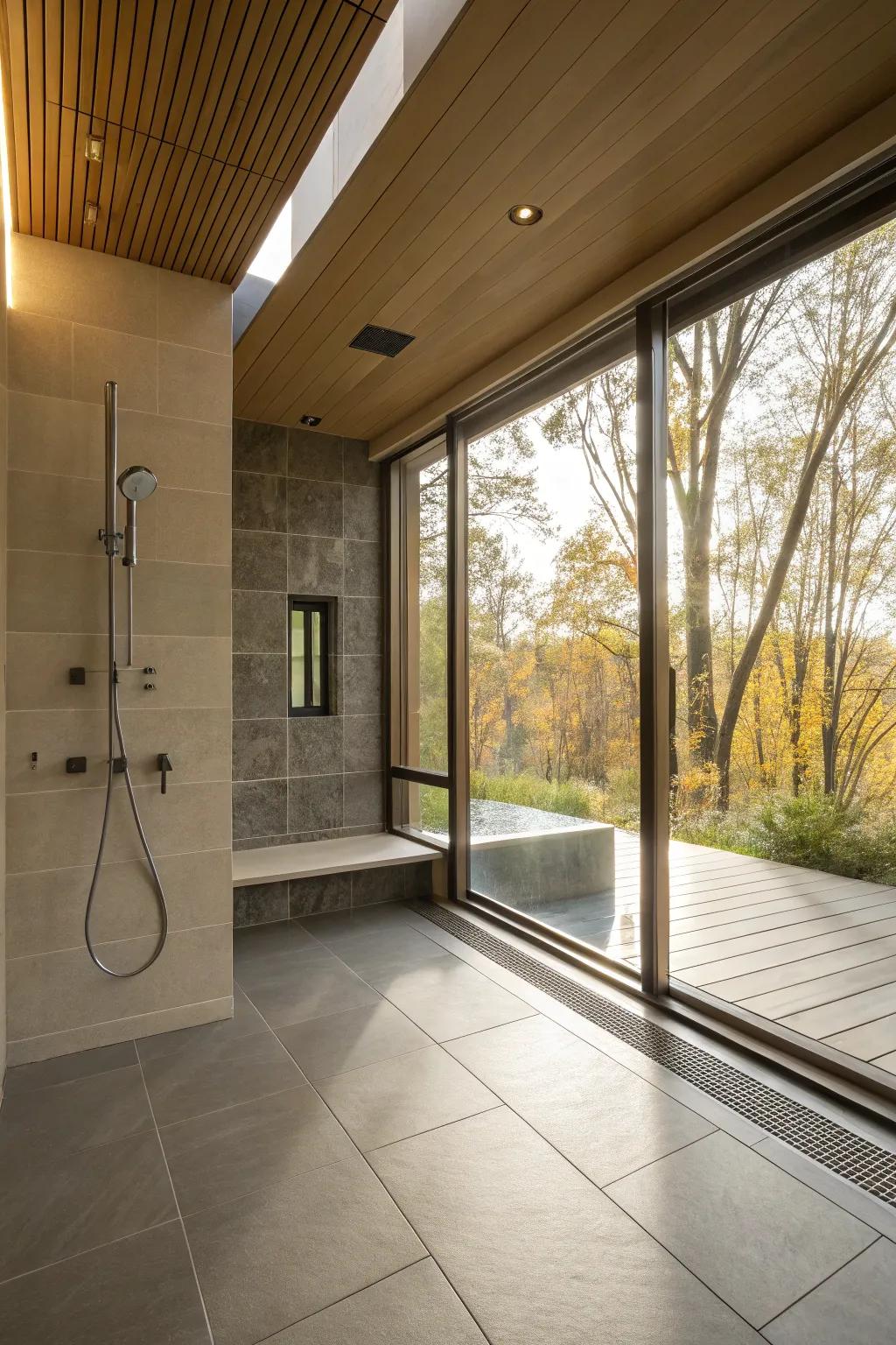 Natural light floods this curbless shower, creating a cheerful and airy environment.