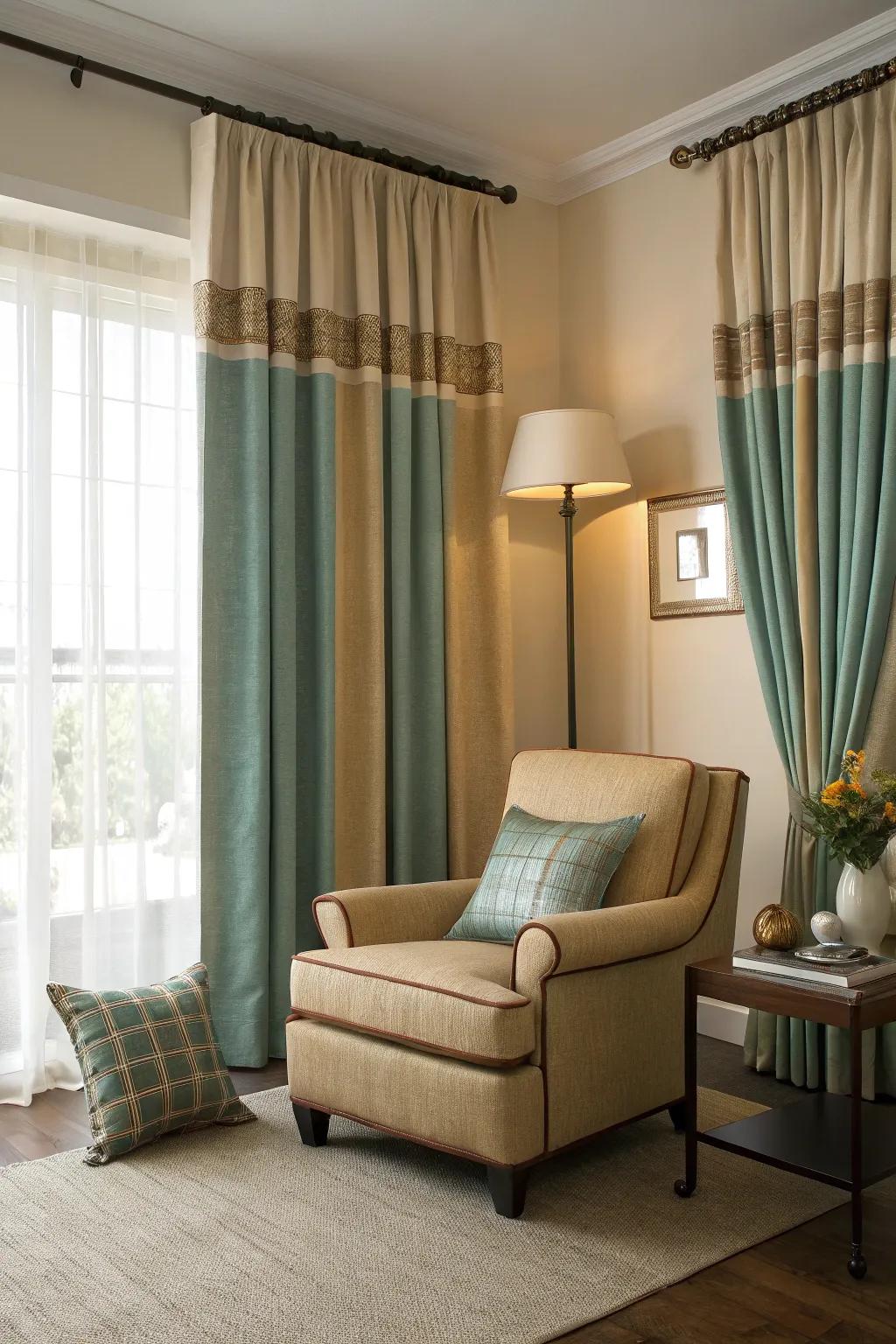 Drapes have the ability to unite accent colors, achieving a cohesive design.